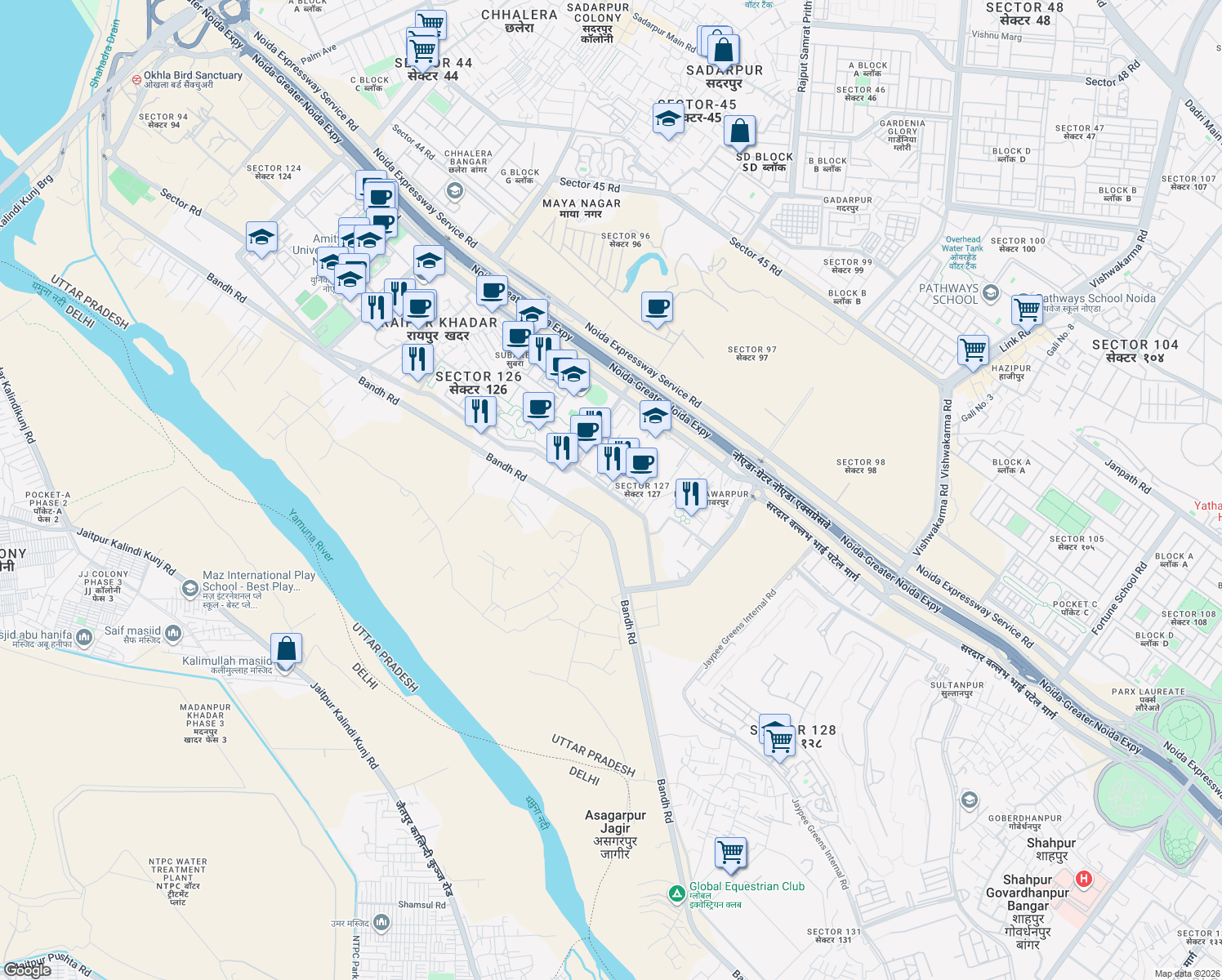 map of restaurants, bars, coffee shops, grocery stores, and more near in Noida