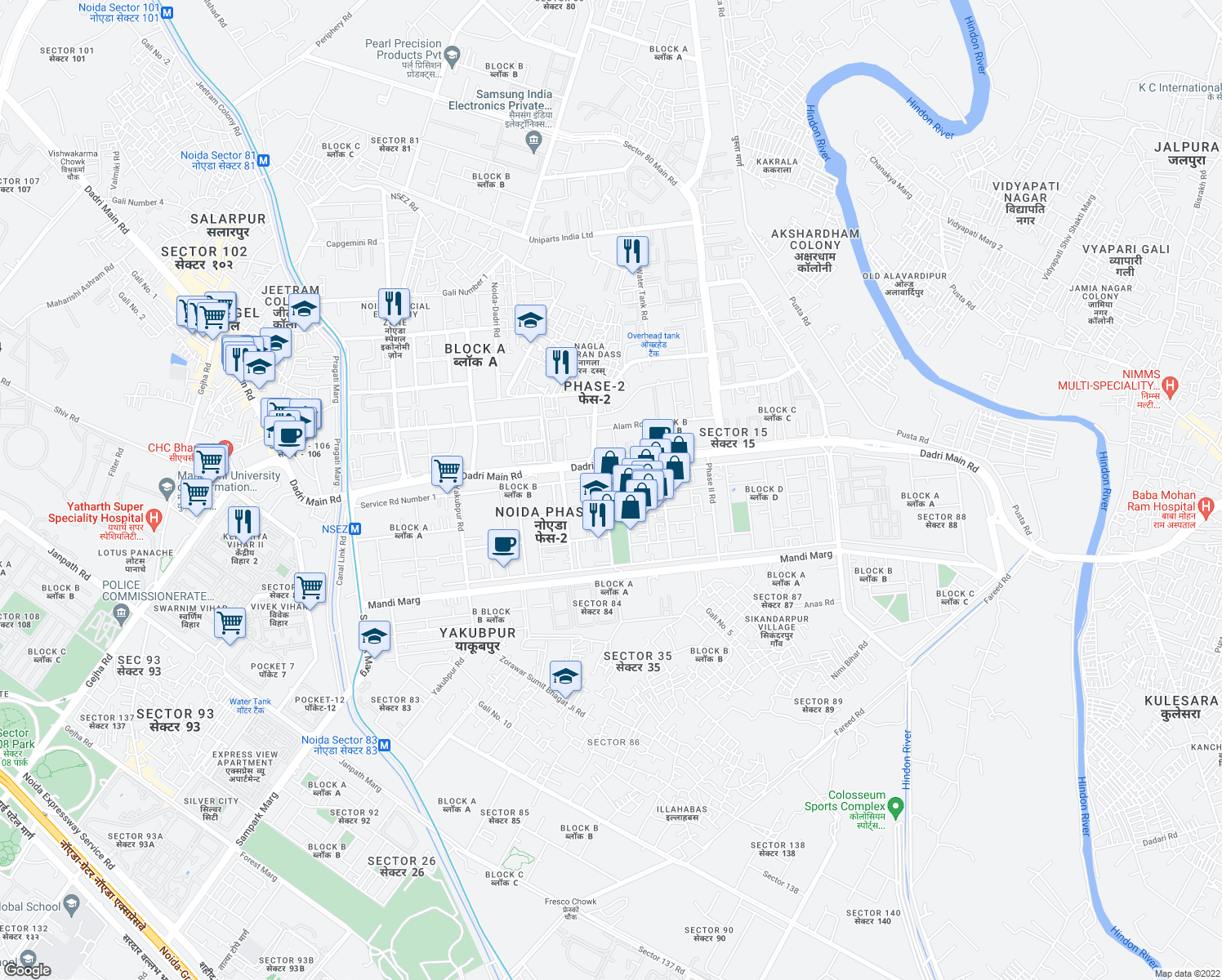 map of restaurants, bars, coffee shops, grocery stores, and more near Hosiery Complex Road in Noida