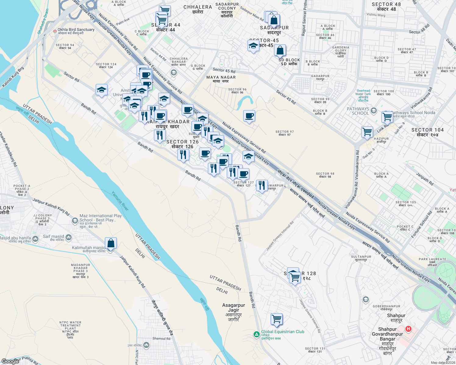map of restaurants, bars, coffee shops, grocery stores, and more near in Noida