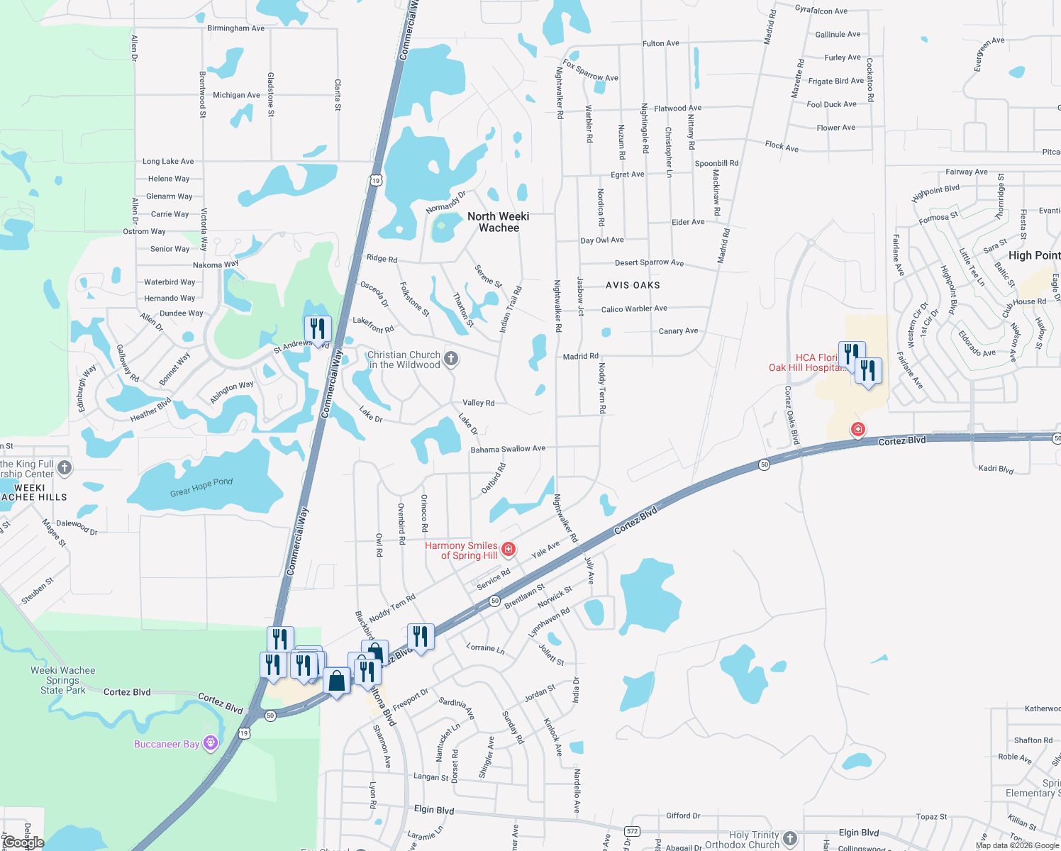 map of restaurants, bars, coffee shops, grocery stores, and more near 7713 Indian Trail Road in Weeki Wachee