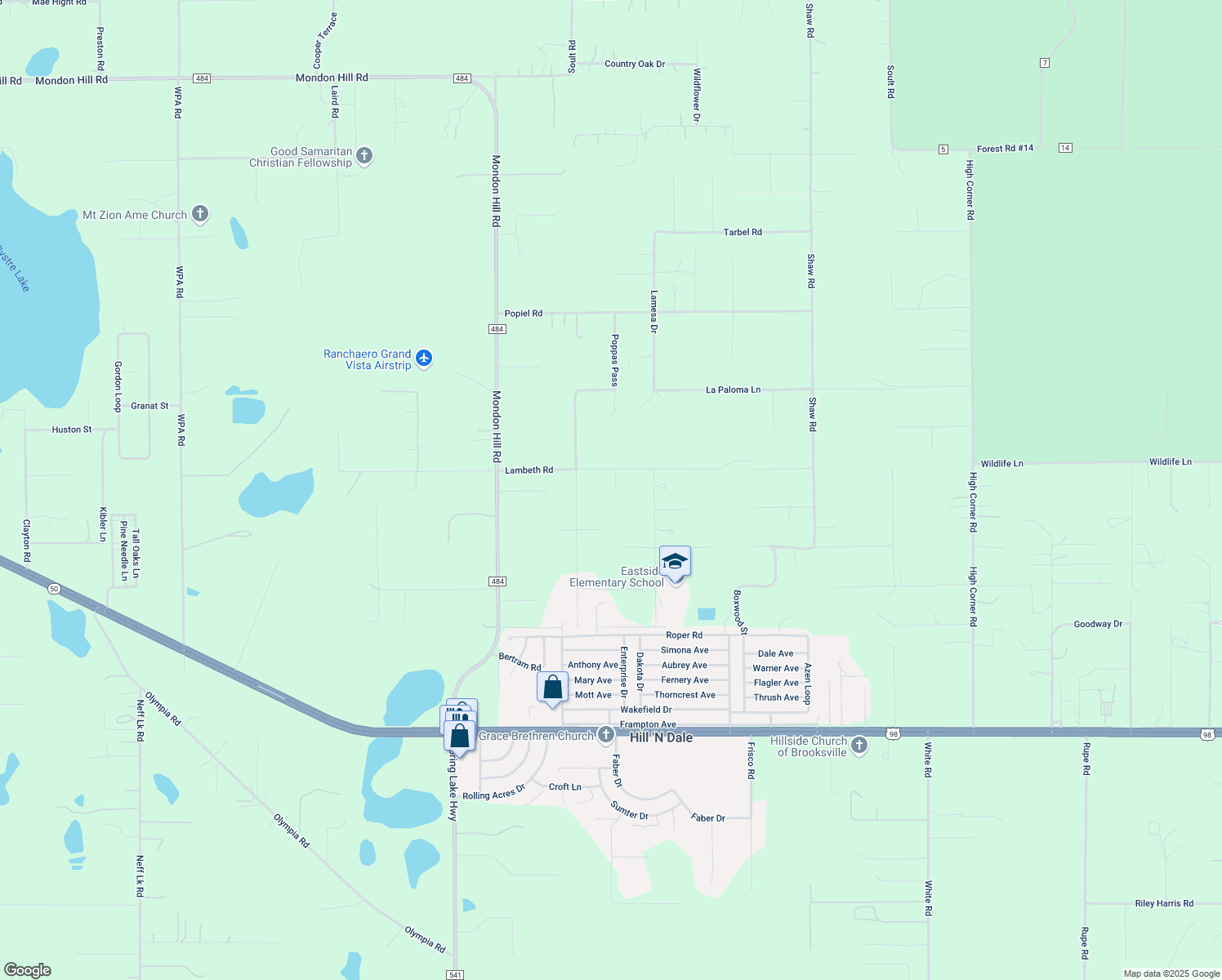 map of restaurants, bars, coffee shops, grocery stores, and more near 26494 Lambeth Road in Brooksville