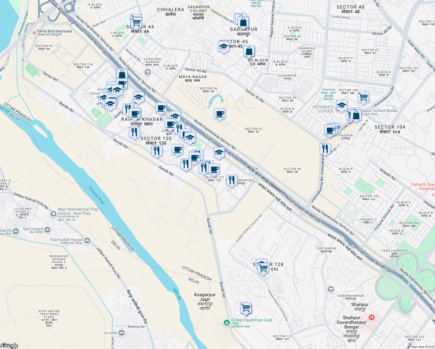 map of restaurants, bars, coffee shops, grocery stores, and more near in Noida