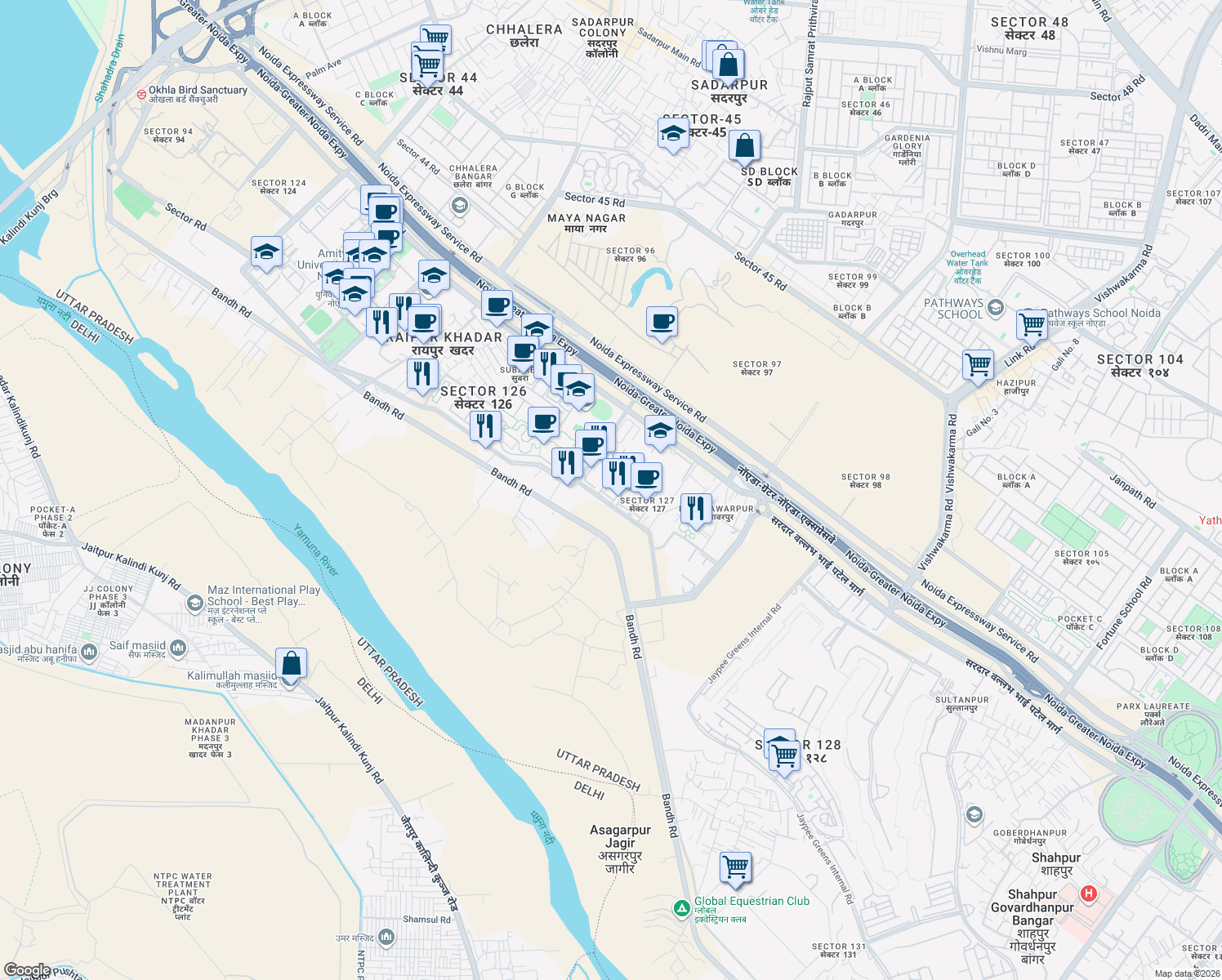 map of restaurants, bars, coffee shops, grocery stores, and more near in Noida
