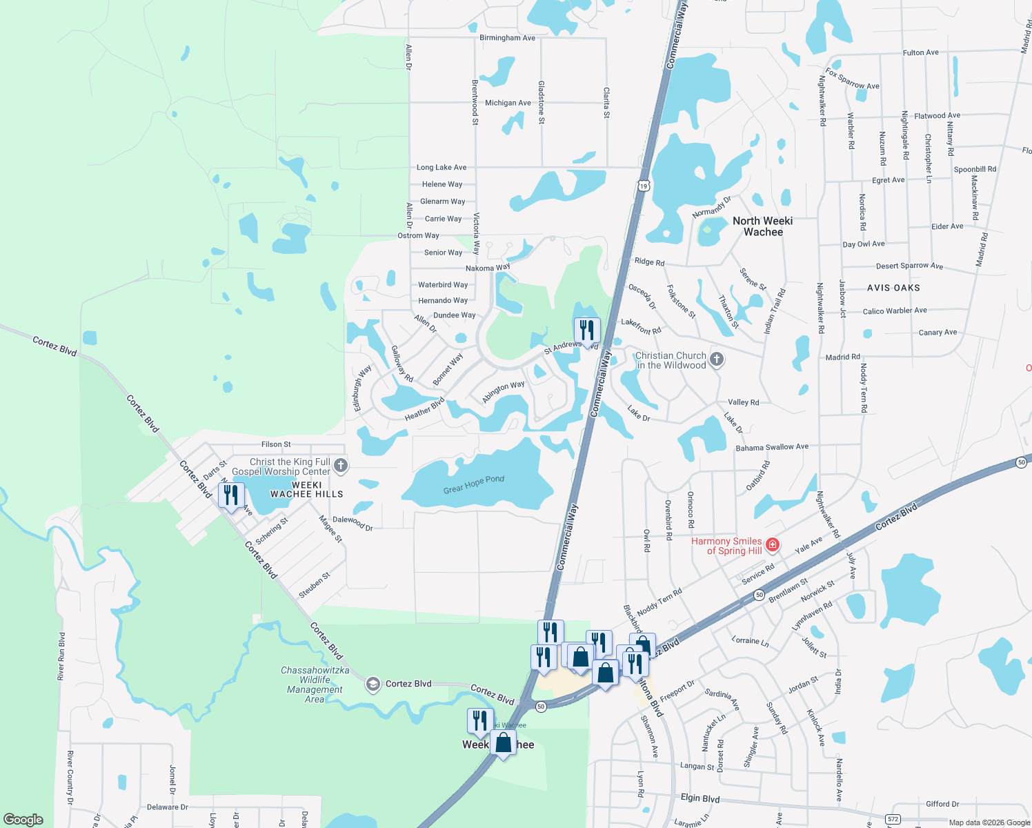map of restaurants, bars, coffee shops, grocery stores, and more near 9151 Lingrove Road in Weeki Wachee