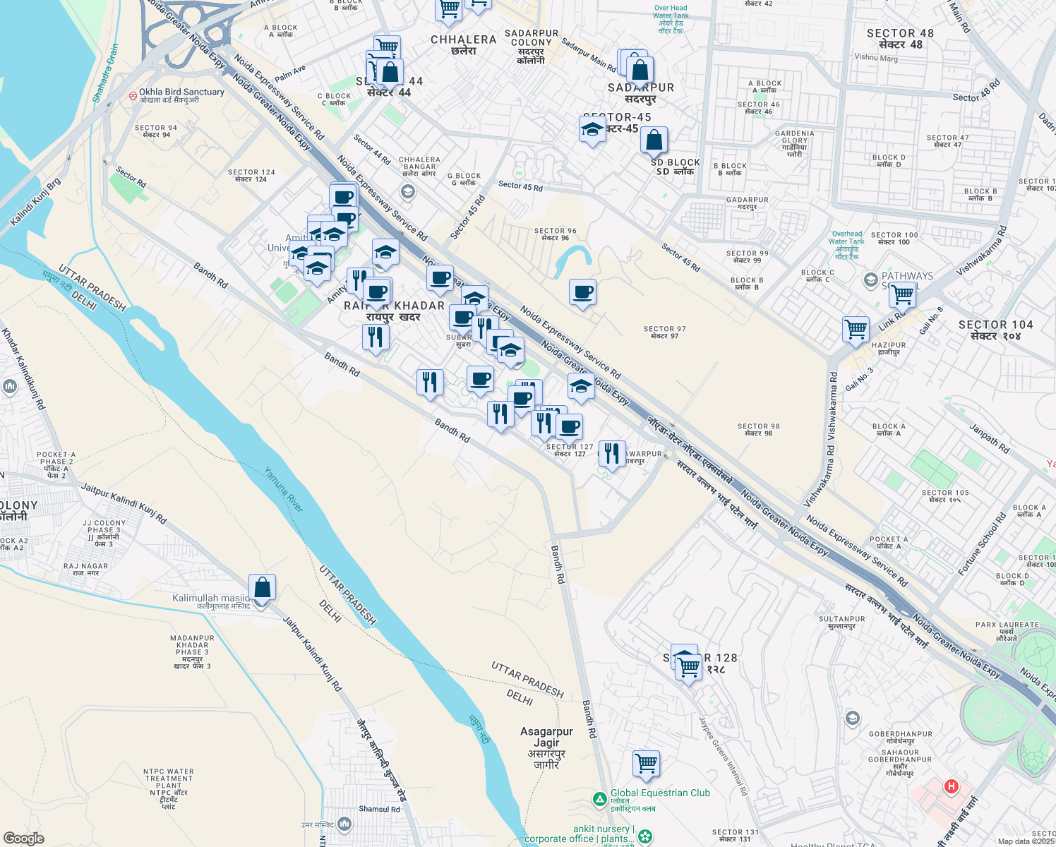 map of restaurants, bars, coffee shops, grocery stores, and more near in Noida