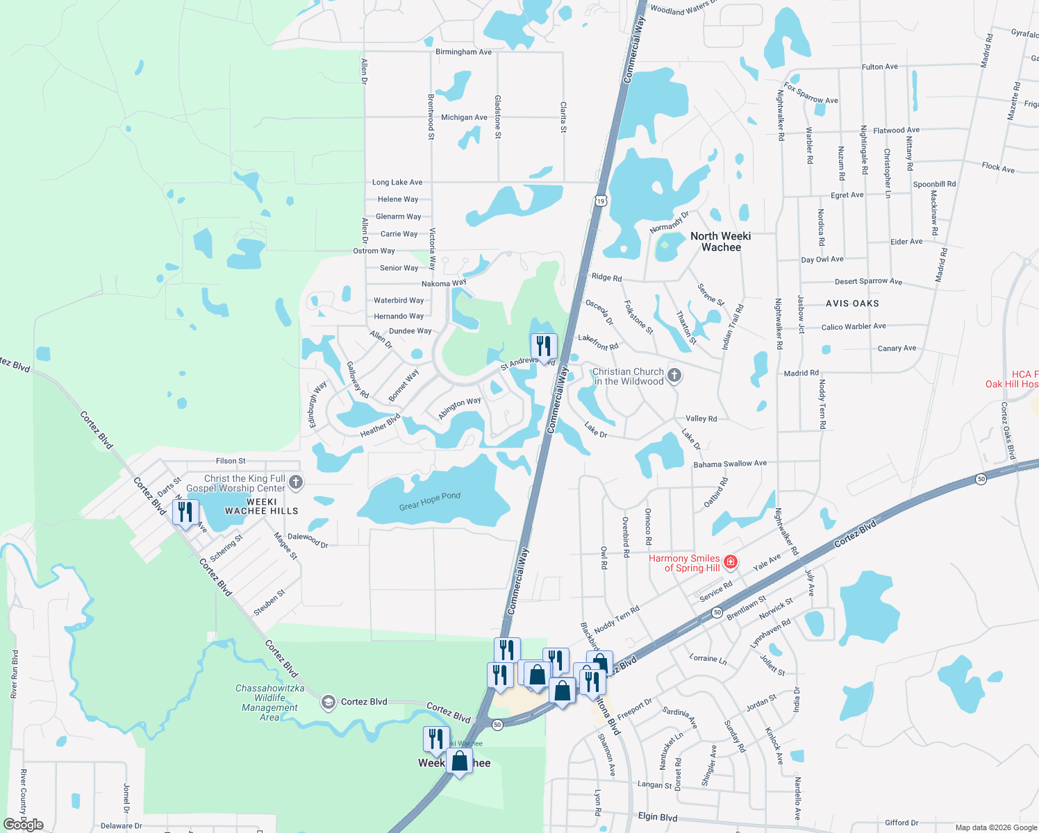 map of restaurants, bars, coffee shops, grocery stores, and more near 7497 Heather Walk Drive in Weeki Wachee
