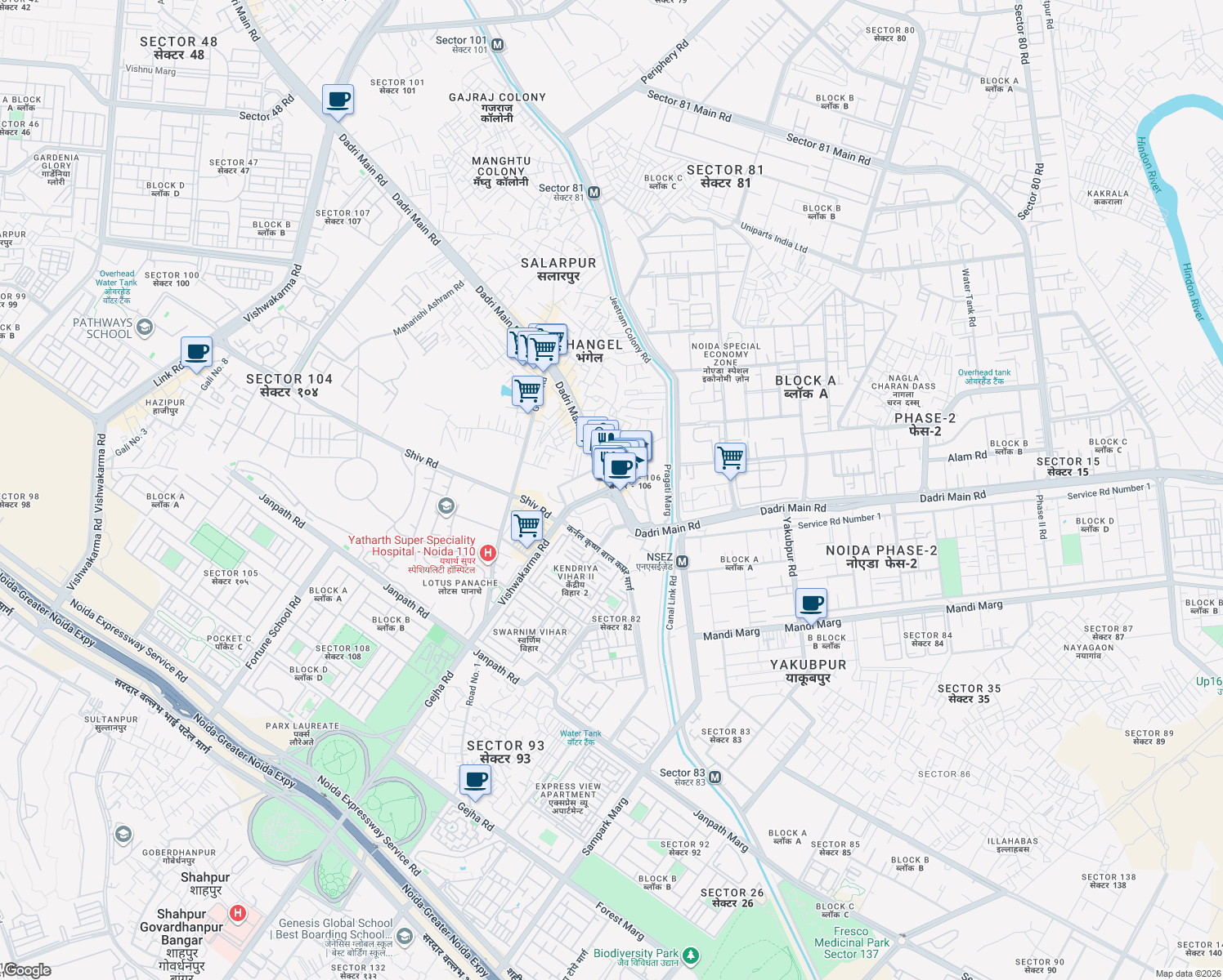 map of restaurants, bars, coffee shops, grocery stores, and more near in Noida