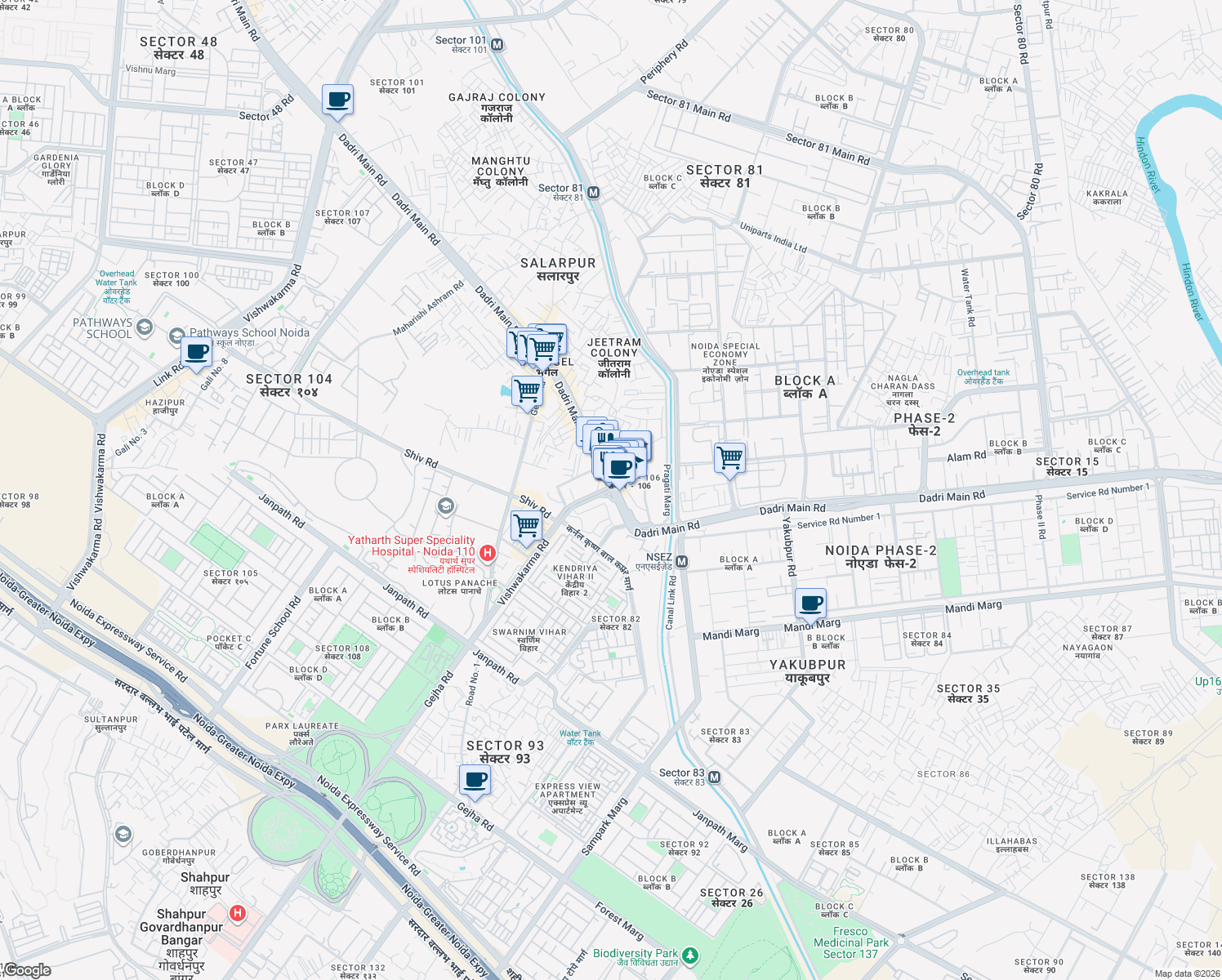 map of restaurants, bars, coffee shops, grocery stores, and more near  in Noida