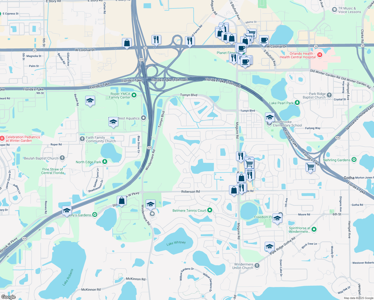 map of restaurants, bars, coffee shops, grocery stores, and more near 422 Emory Oak Street in Ocoee