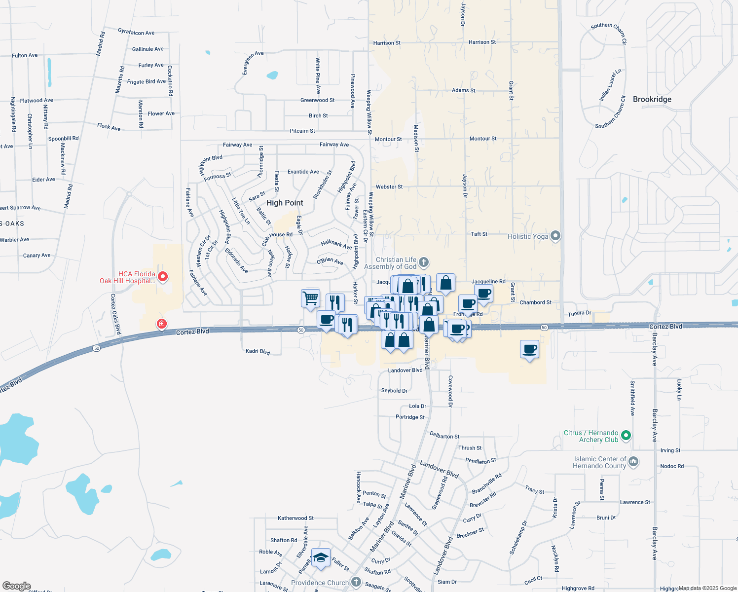 map of restaurants, bars, coffee shops, grocery stores, and more near 12520 Harker Street in Brooksville