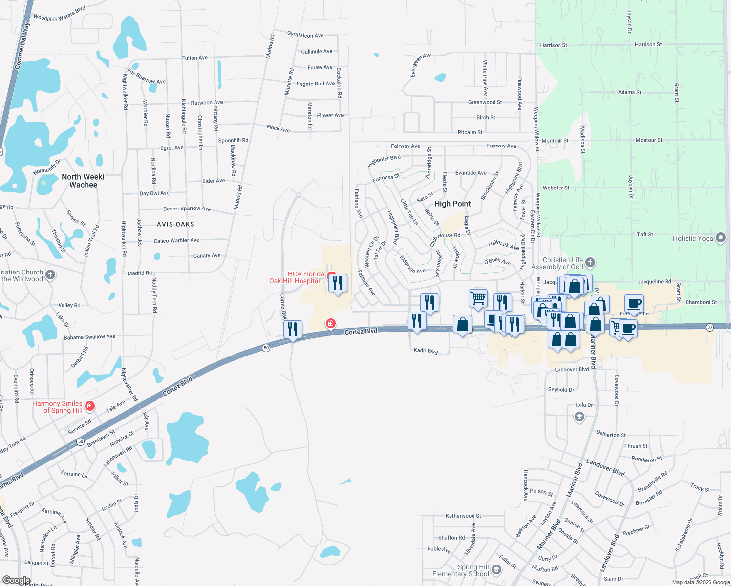 map of restaurants, bars, coffee shops, grocery stores, and more near 7366 1st Loop Avenue in Brooksville