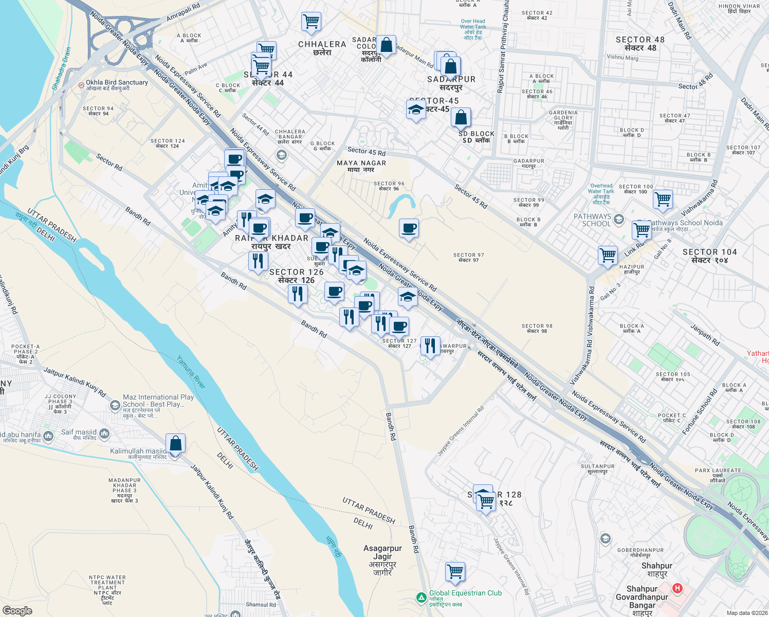 map of restaurants, bars, coffee shops, grocery stores, and more near Noida-Greater Noida Expressway in Noida