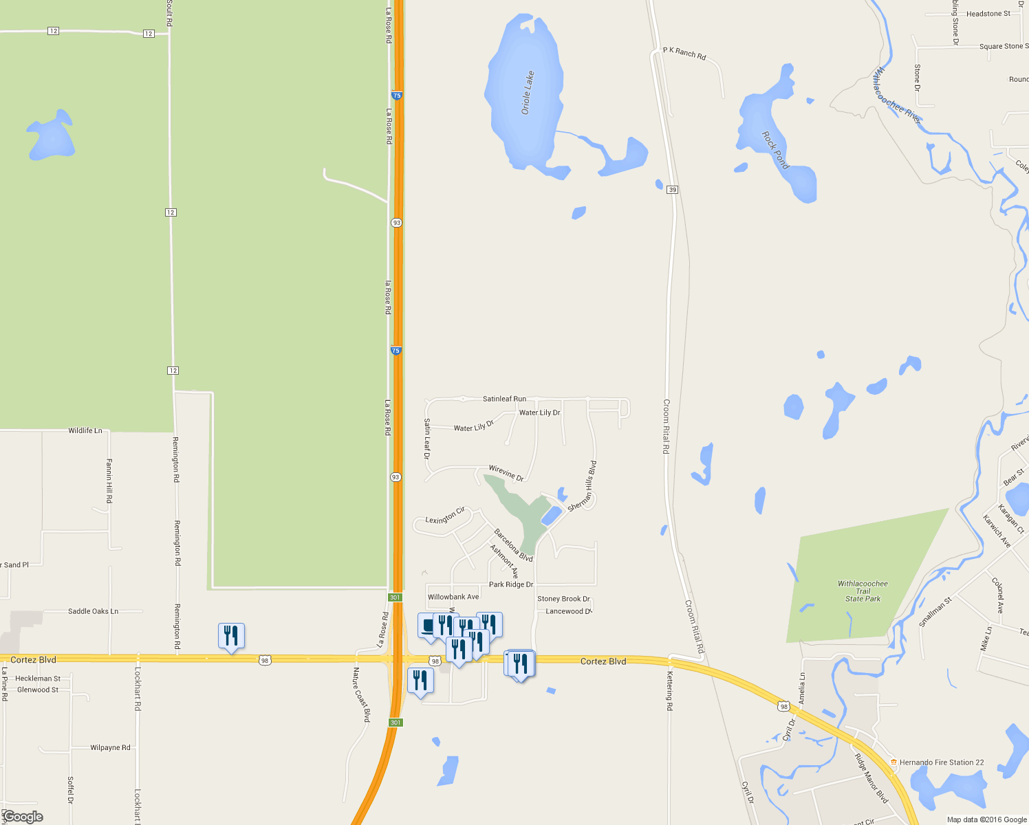map of restaurants, bars, coffee shops, grocery stores, and more near 31076 Water Lily Drive in Brooksville