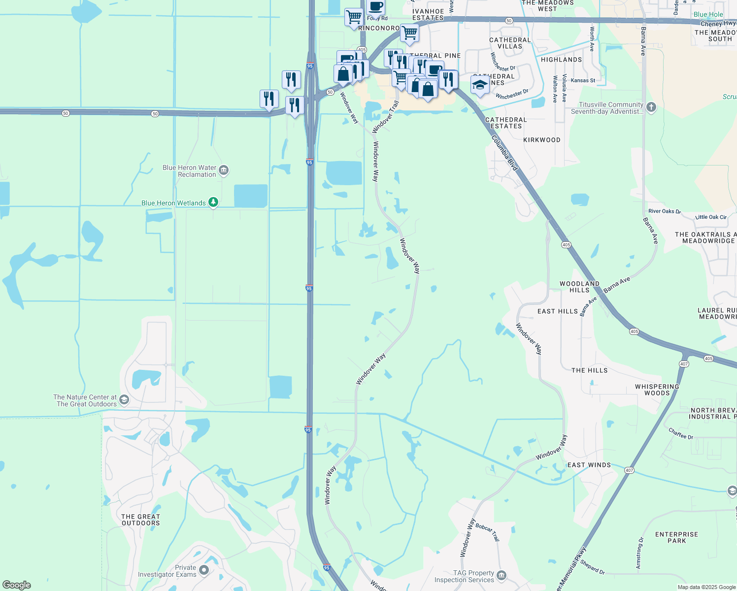 map of restaurants, bars, coffee shops, grocery stores, and more near 3481 Owls Wood Way in Titusville