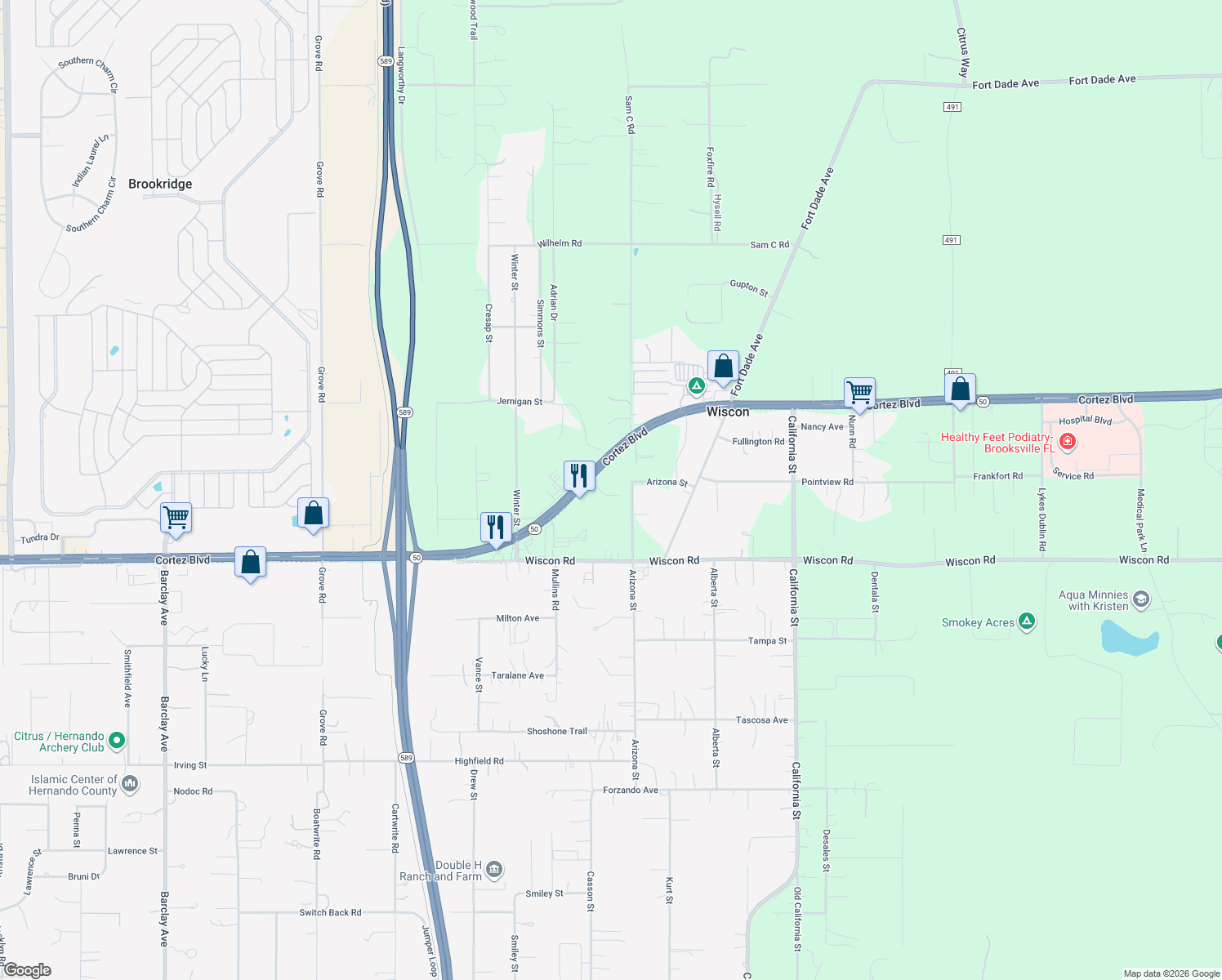 map of restaurants, bars, coffee shops, grocery stores, and more near 15464 Cortez Boulevard in Brooksville