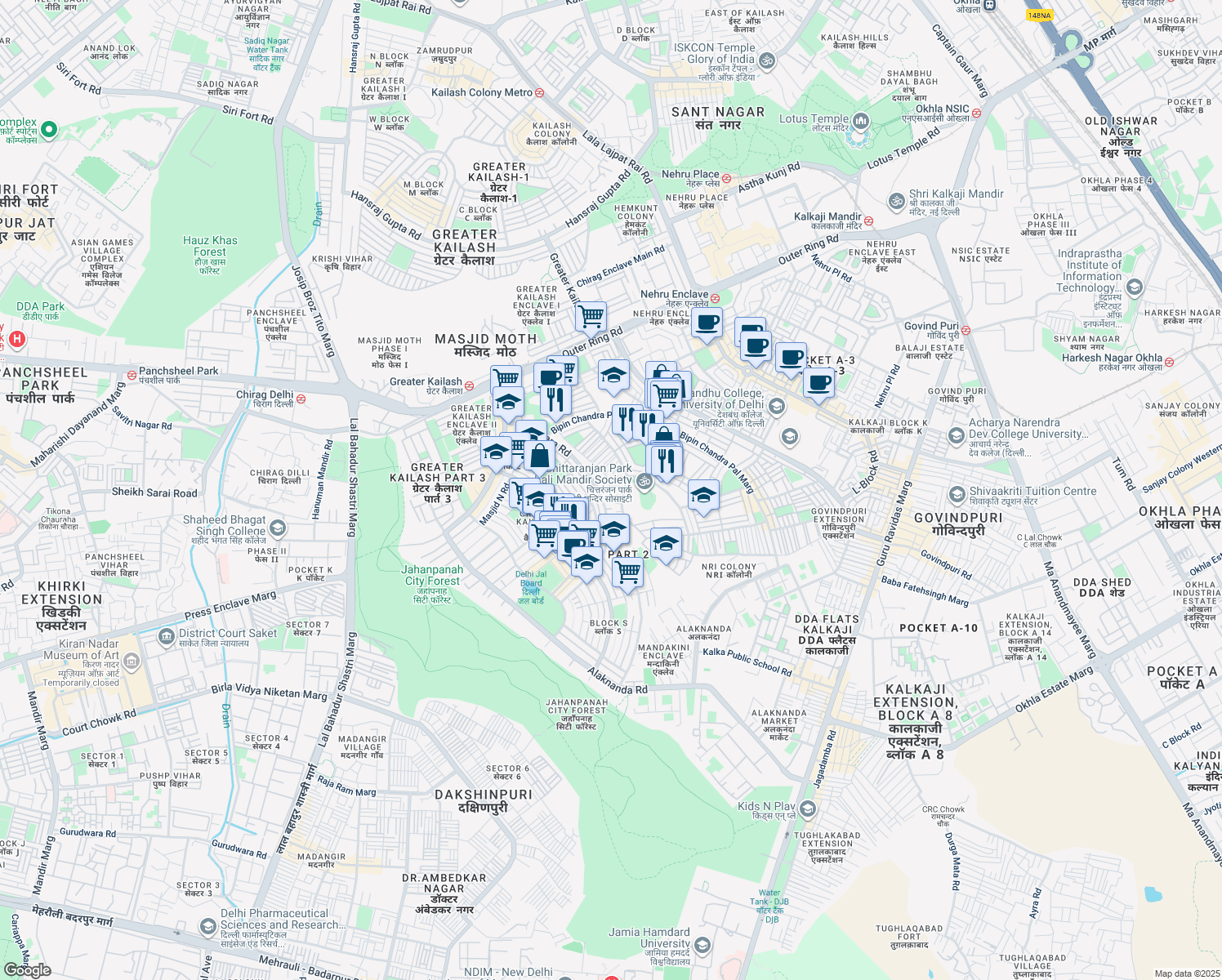 map of restaurants, bars, coffee shops, grocery stores, and more near in New Delhi