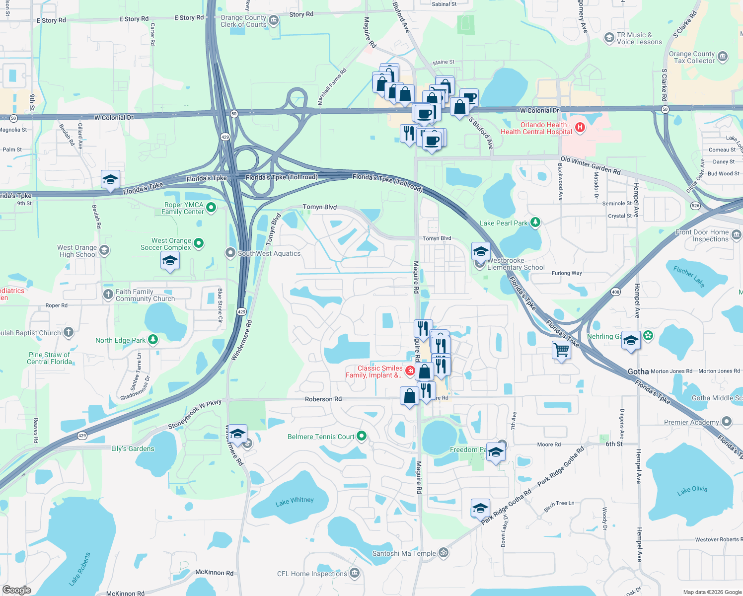 map of restaurants, bars, coffee shops, grocery stores, and more near 44 Heather Green Court in Ocoee