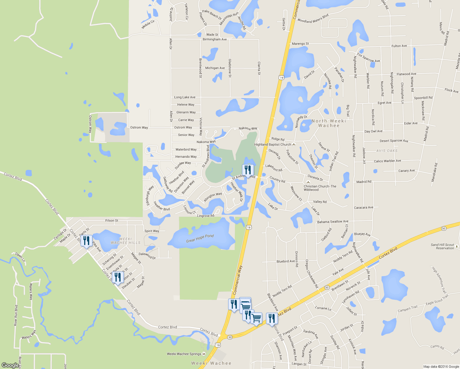 map of restaurants, bars, coffee shops, grocery stores, and more near 7569 Heather Walk Drive in Weeki Wachee