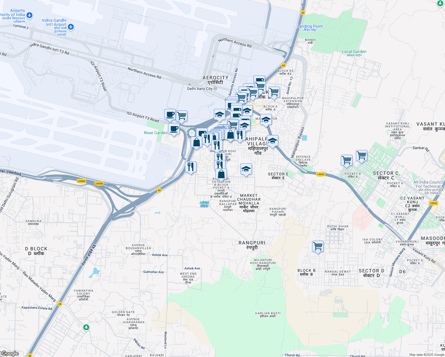 map of restaurants, bars, coffee shops, grocery stores, and more near B Block Road in New Delhi