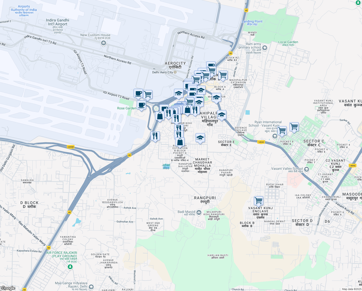 map of restaurants, bars, coffee shops, grocery stores, and more near B Block Road in New Delhi