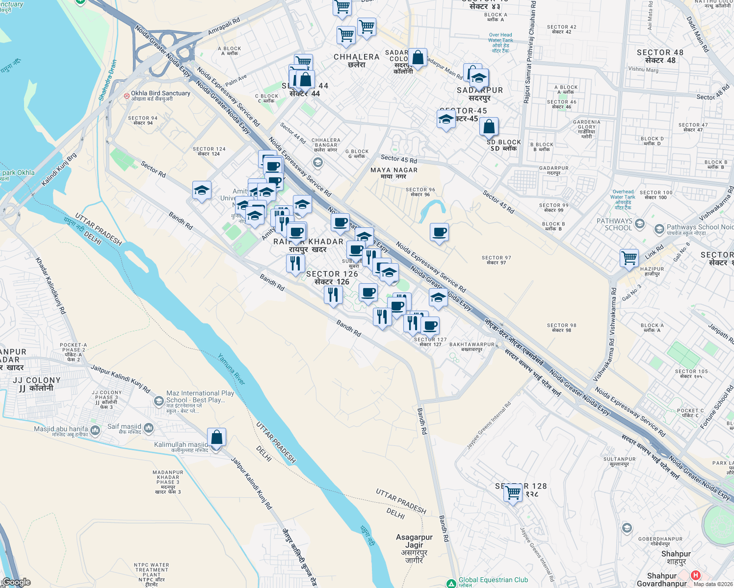 map of restaurants, bars, coffee shops, grocery stores, and more near in Noida