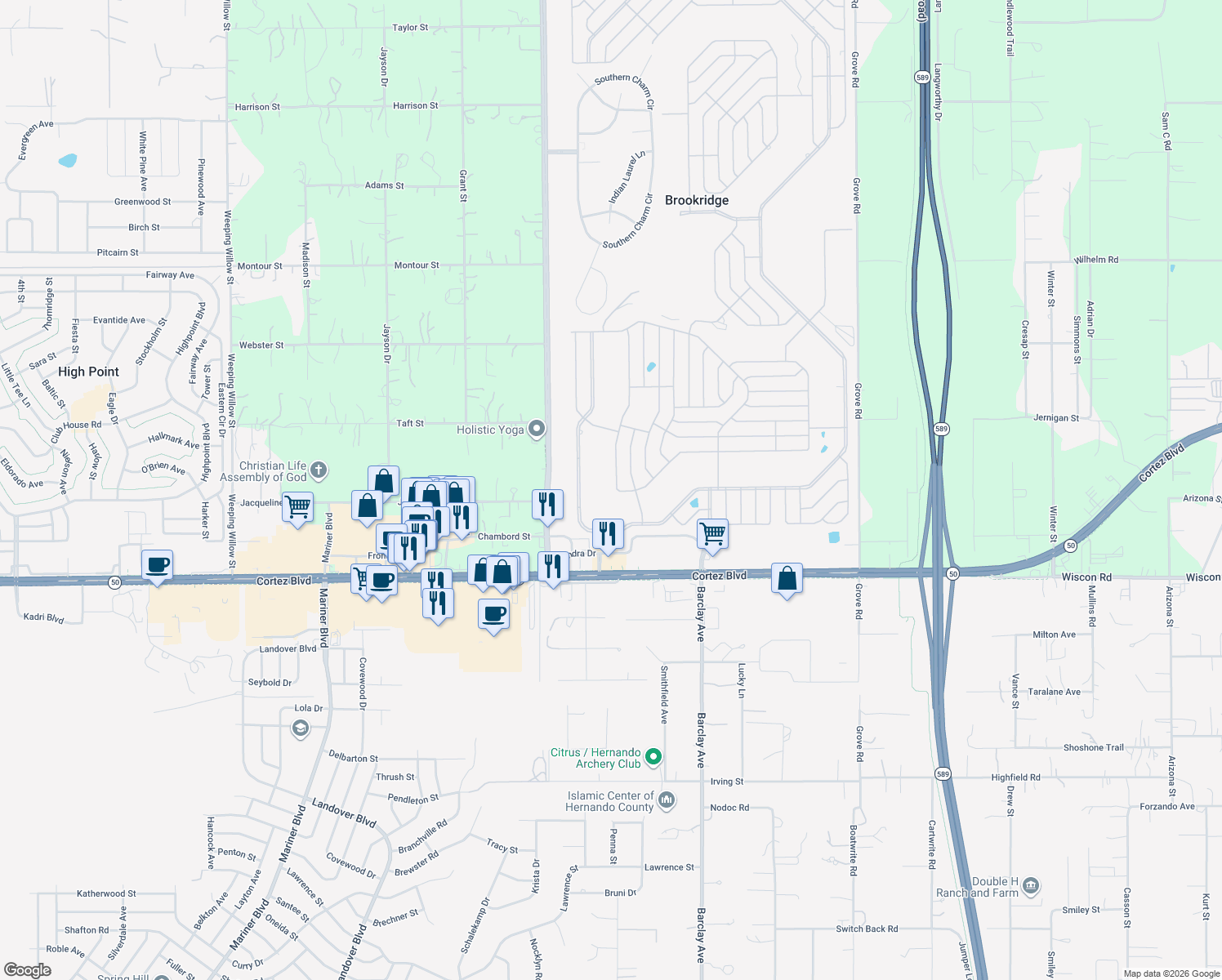 map of restaurants, bars, coffee shops, grocery stores, and more near 7649 Moriah Avenue in Brooksville