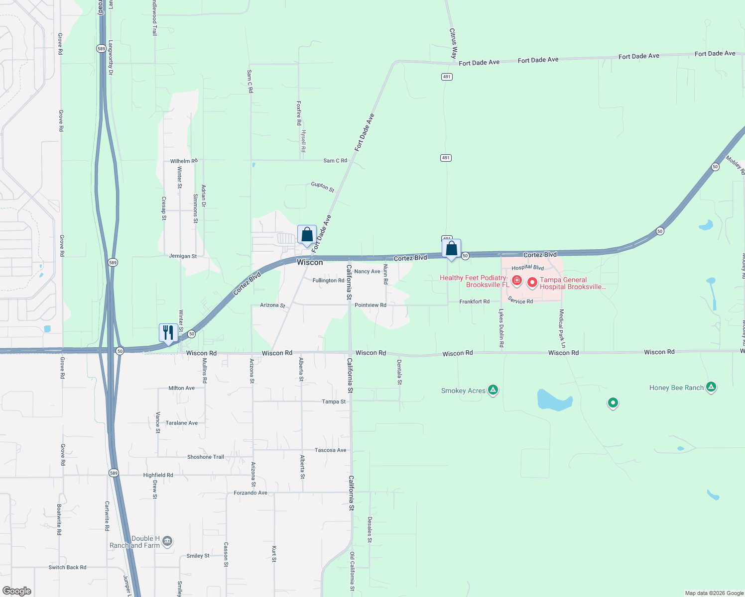 map of restaurants, bars, coffee shops, grocery stores, and more near 16323 Pointview Road in Brooksville
