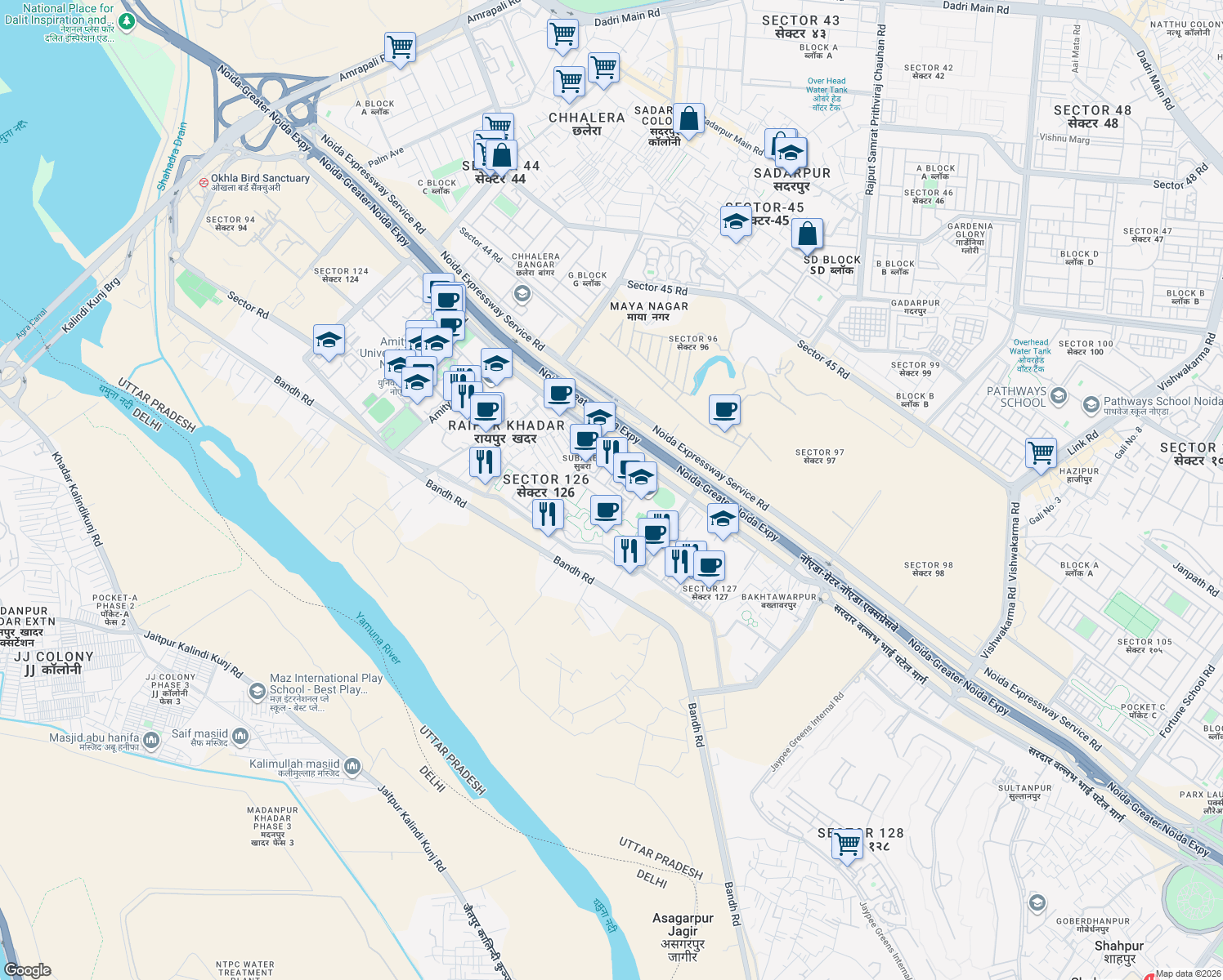 map of restaurants, bars, coffee shops, grocery stores, and more near in Noida
