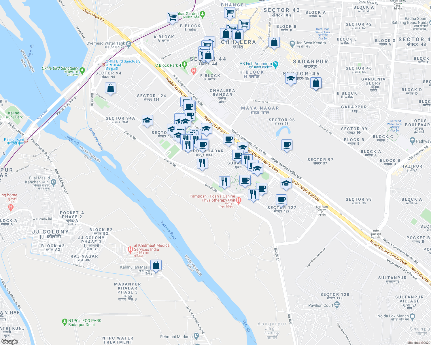 map of restaurants, bars, coffee shops, grocery stores, and more near Unnamed Road in Noida