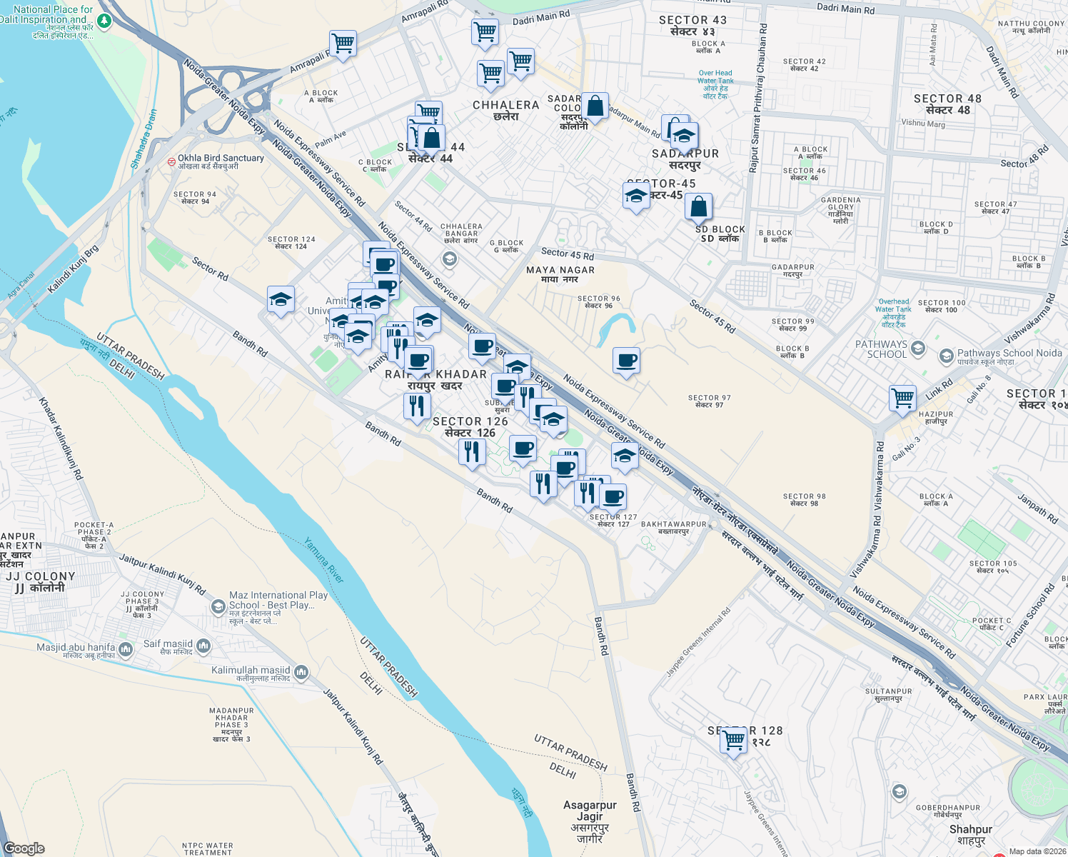 map of restaurants, bars, coffee shops, grocery stores, and more near in Noida