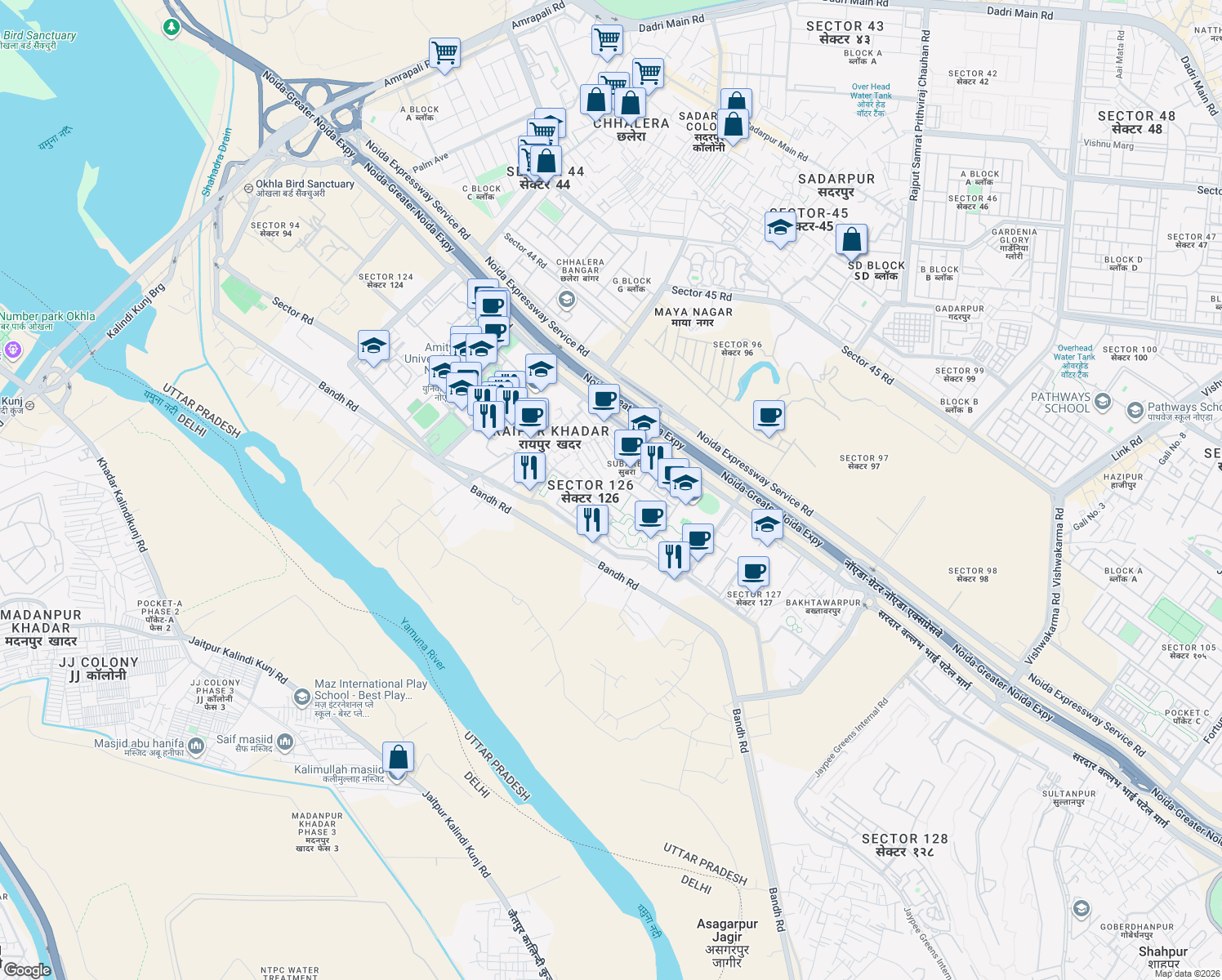 map of restaurants, bars, coffee shops, grocery stores, and more near in Noida