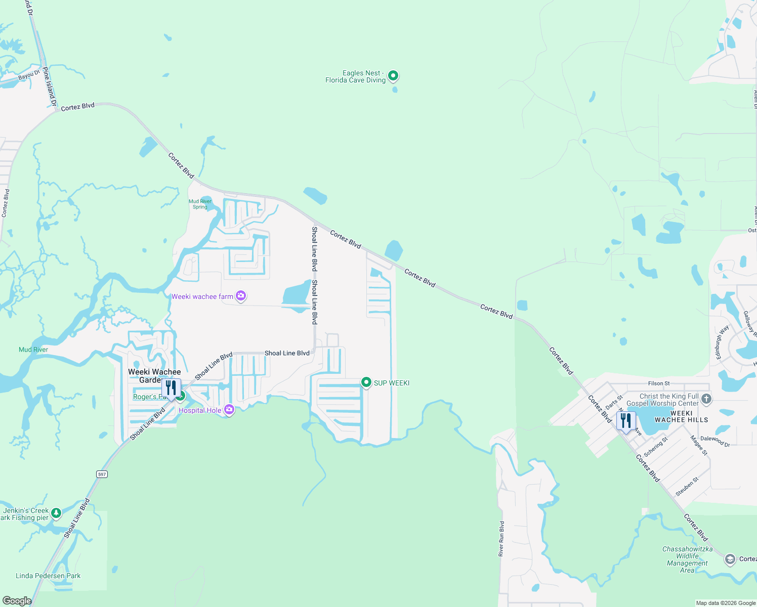 map of restaurants, bars, coffee shops, grocery stores, and more near 6439 Theresa Avenue in Weeki Wachee