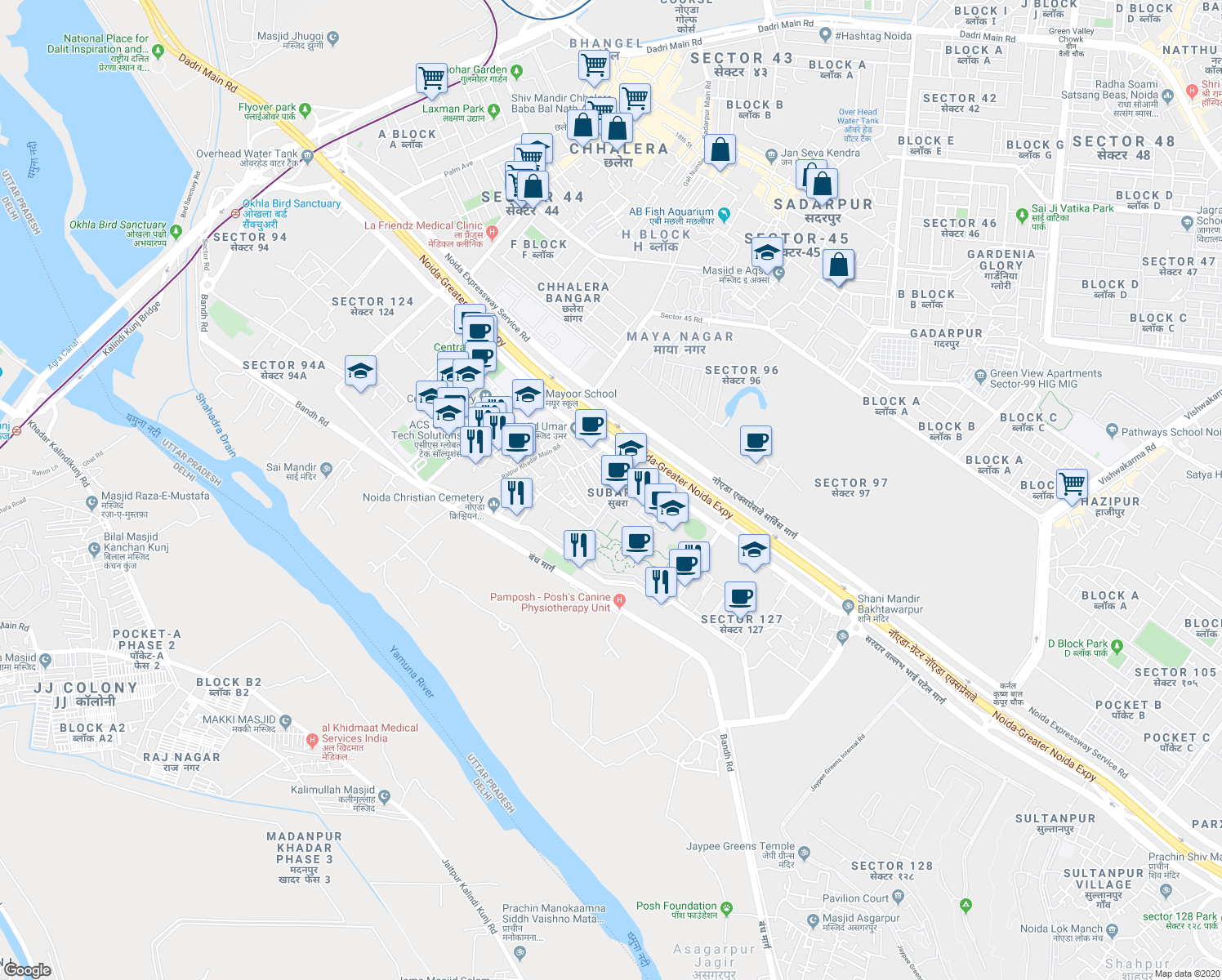 map of restaurants, bars, coffee shops, grocery stores, and more near in Noida