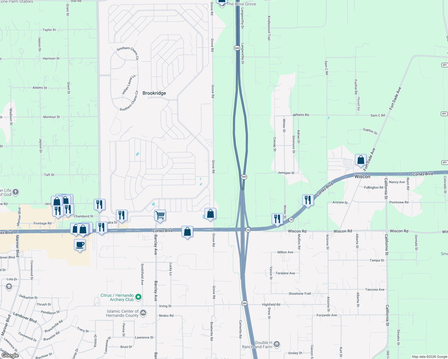 map of restaurants, bars, coffee shops, grocery stores, and more near 7424 Grove Road in Brooksville