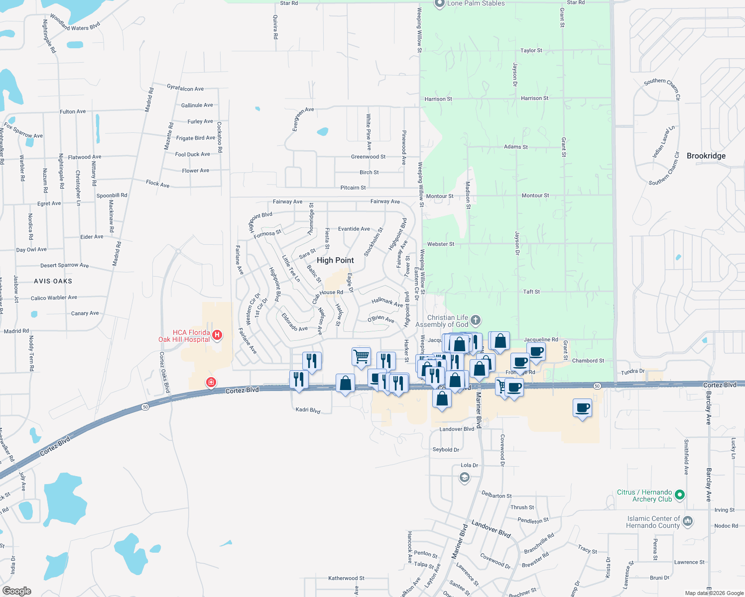 map of restaurants, bars, coffee shops, grocery stores, and more near 12287 Hallmark Avenue in Brooksville