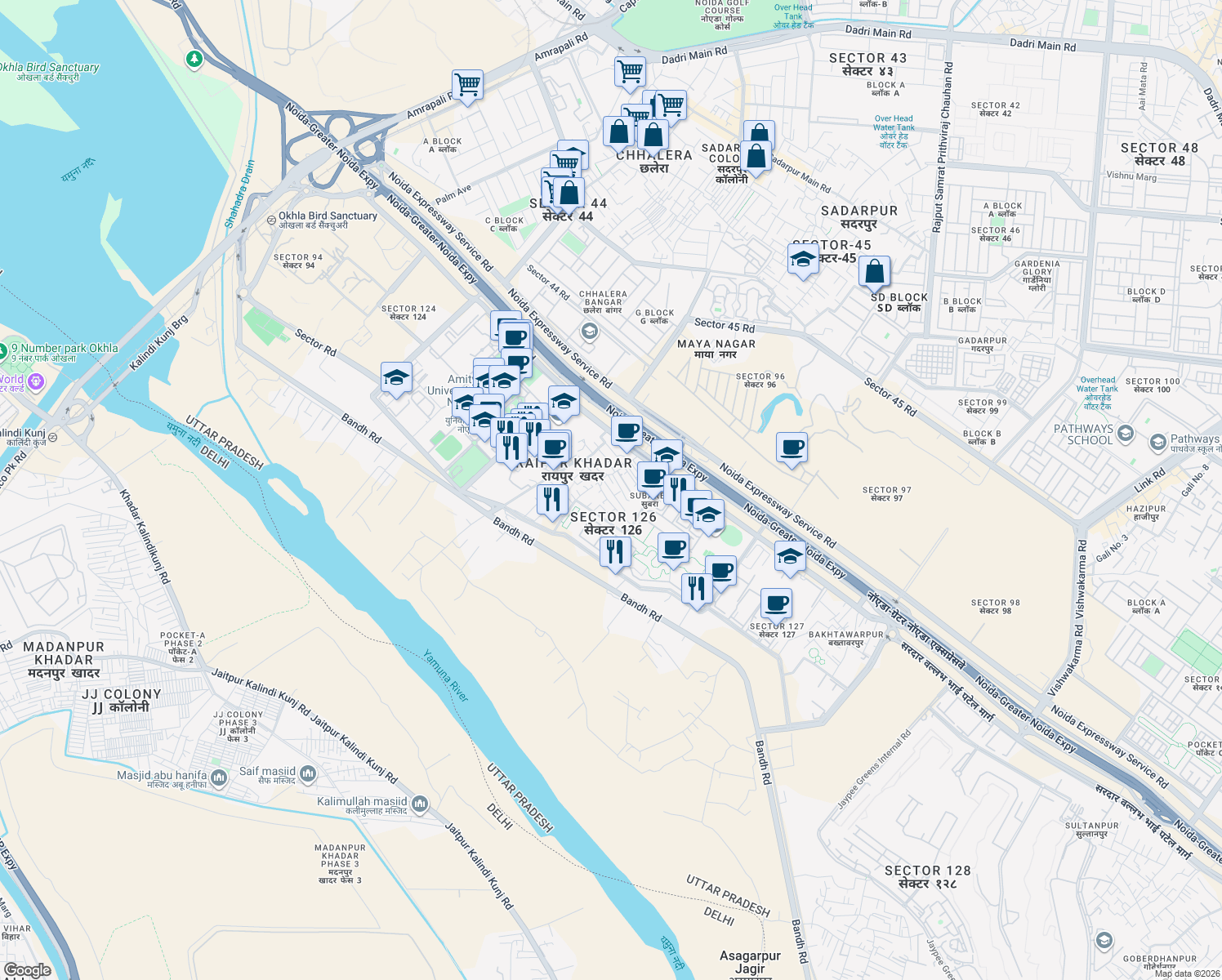 map of restaurants, bars, coffee shops, grocery stores, and more near Noida Greater Noida Express Way in Noida