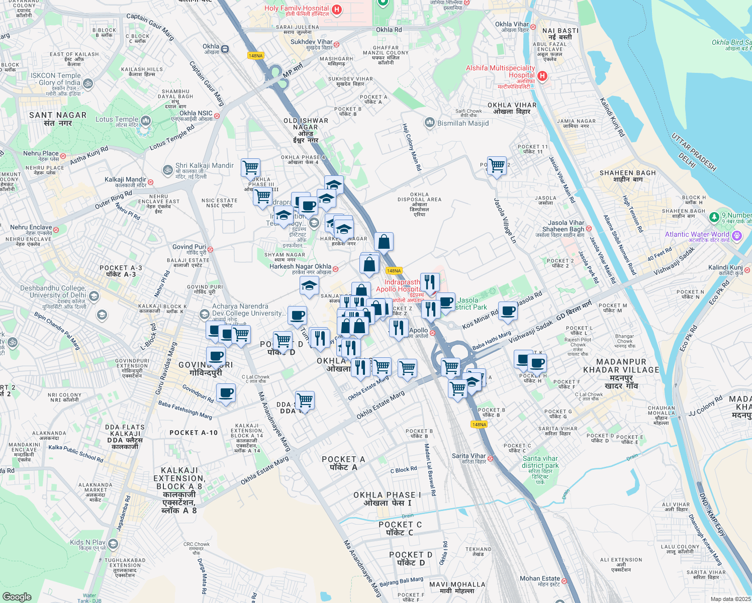 map of restaurants, bars, coffee shops, grocery stores, and more near in New Delhi