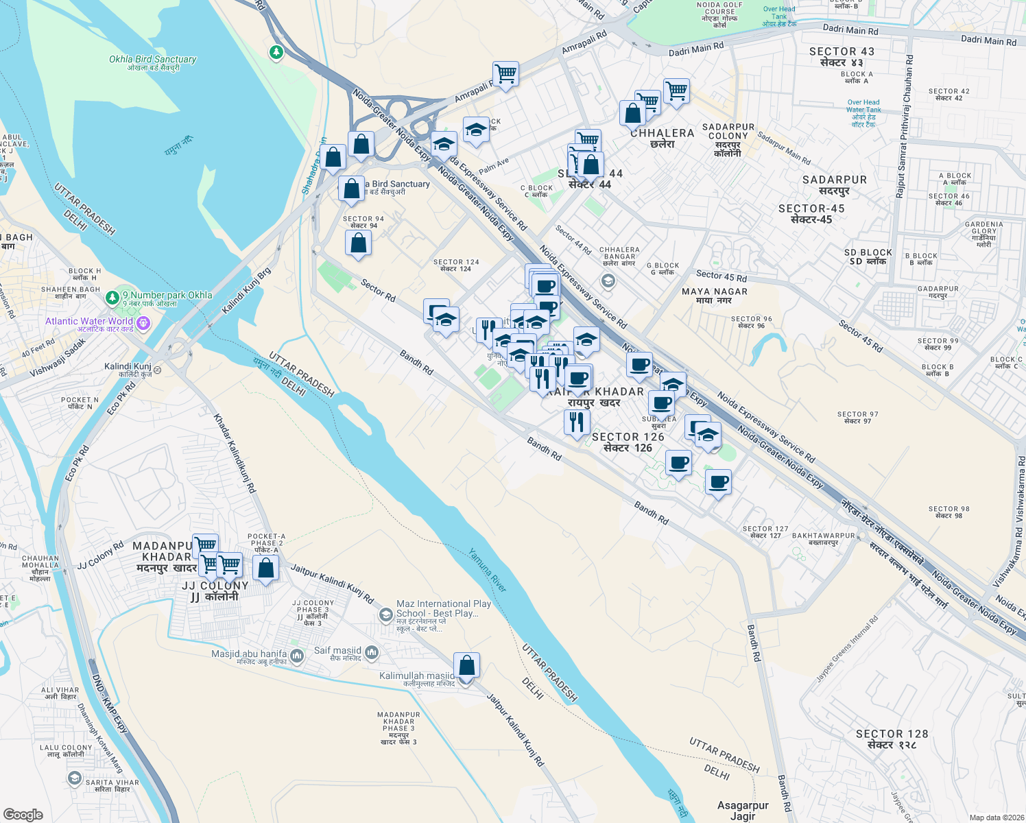 map of restaurants, bars, coffee shops, grocery stores, and more near in Noida