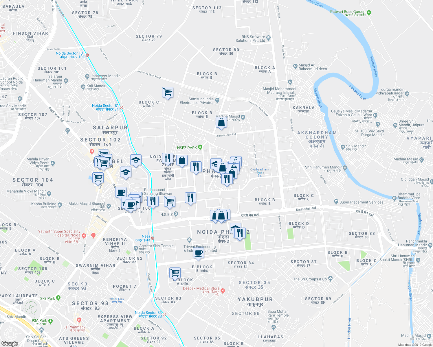 map of restaurants, bars, coffee shops, grocery stores, and more near in Noida