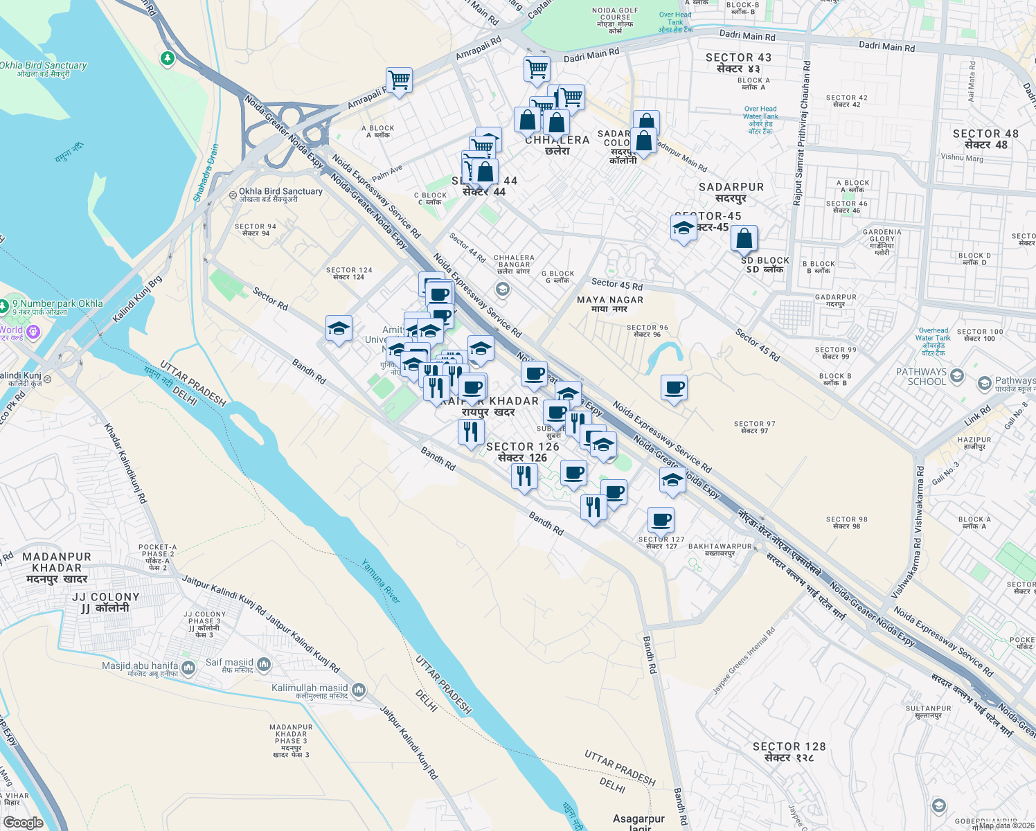 map of restaurants, bars, coffee shops, grocery stores, and more near Noida Greater Noida Express Way in Noida