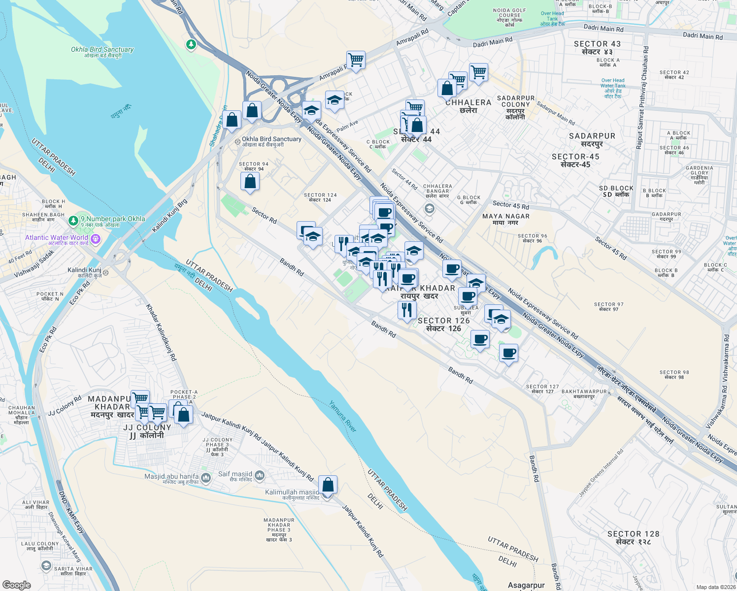 map of restaurants, bars, coffee shops, grocery stores, and more near in Noida