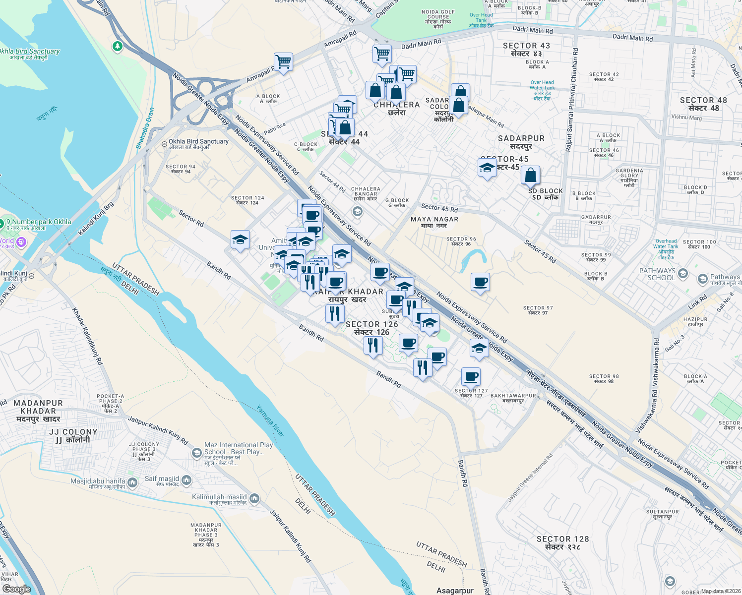 map of restaurants, bars, coffee shops, grocery stores, and more near Noida Greater Noida Express Way in Noida