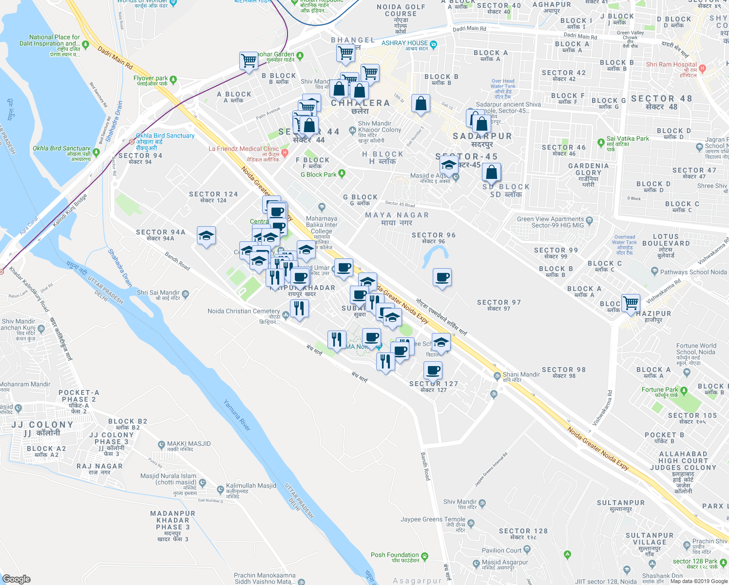 map of restaurants, bars, coffee shops, grocery stores, and more near 1 Delhi Noida Direct Flyway in Noida