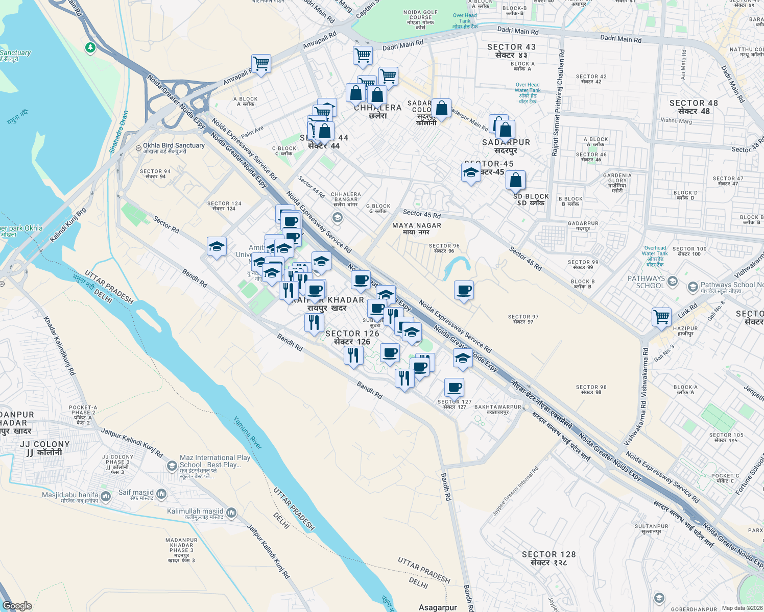 map of restaurants, bars, coffee shops, grocery stores, and more near in Noida