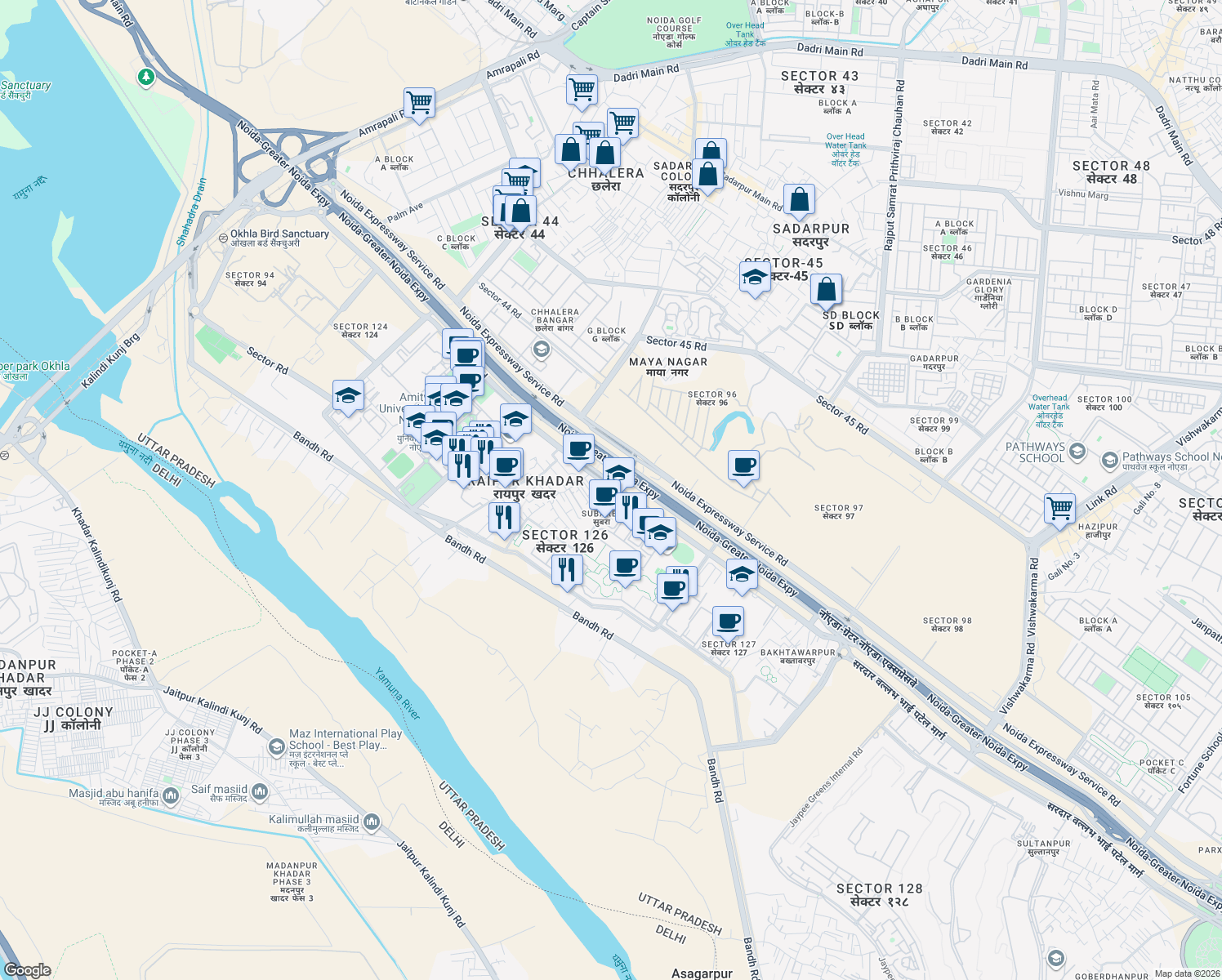 map of restaurants, bars, coffee shops, grocery stores, and more near Noida-Greater Noida Expressway in Noida