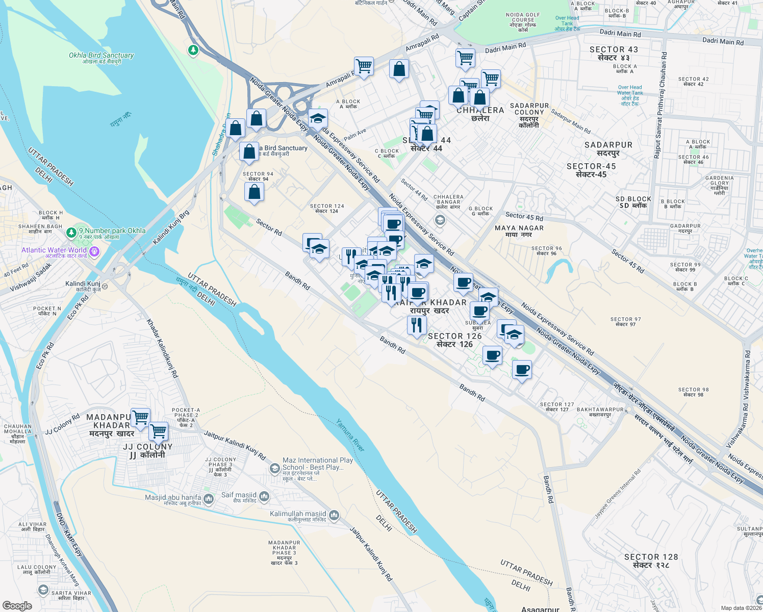 map of restaurants, bars, coffee shops, grocery stores, and more near in Noida