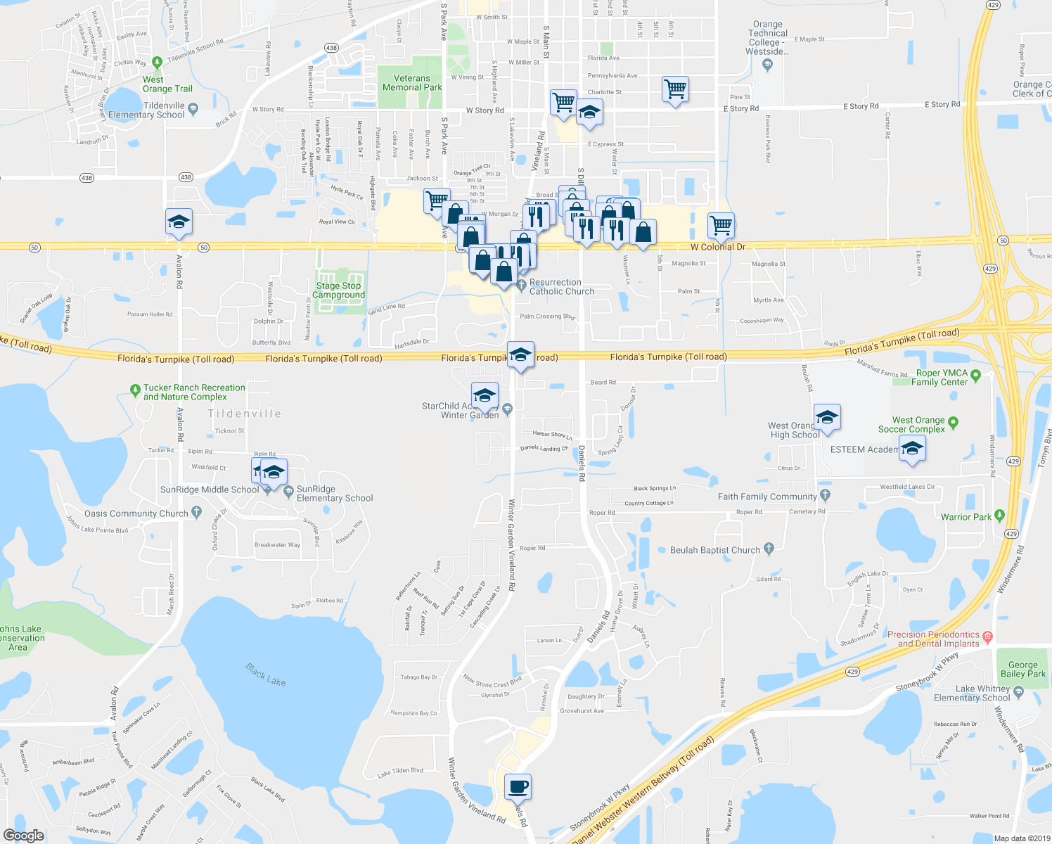 map of restaurants, bars, coffee shops, grocery stores, and more near 13429 Daniels Landing Circle in Winter Garden