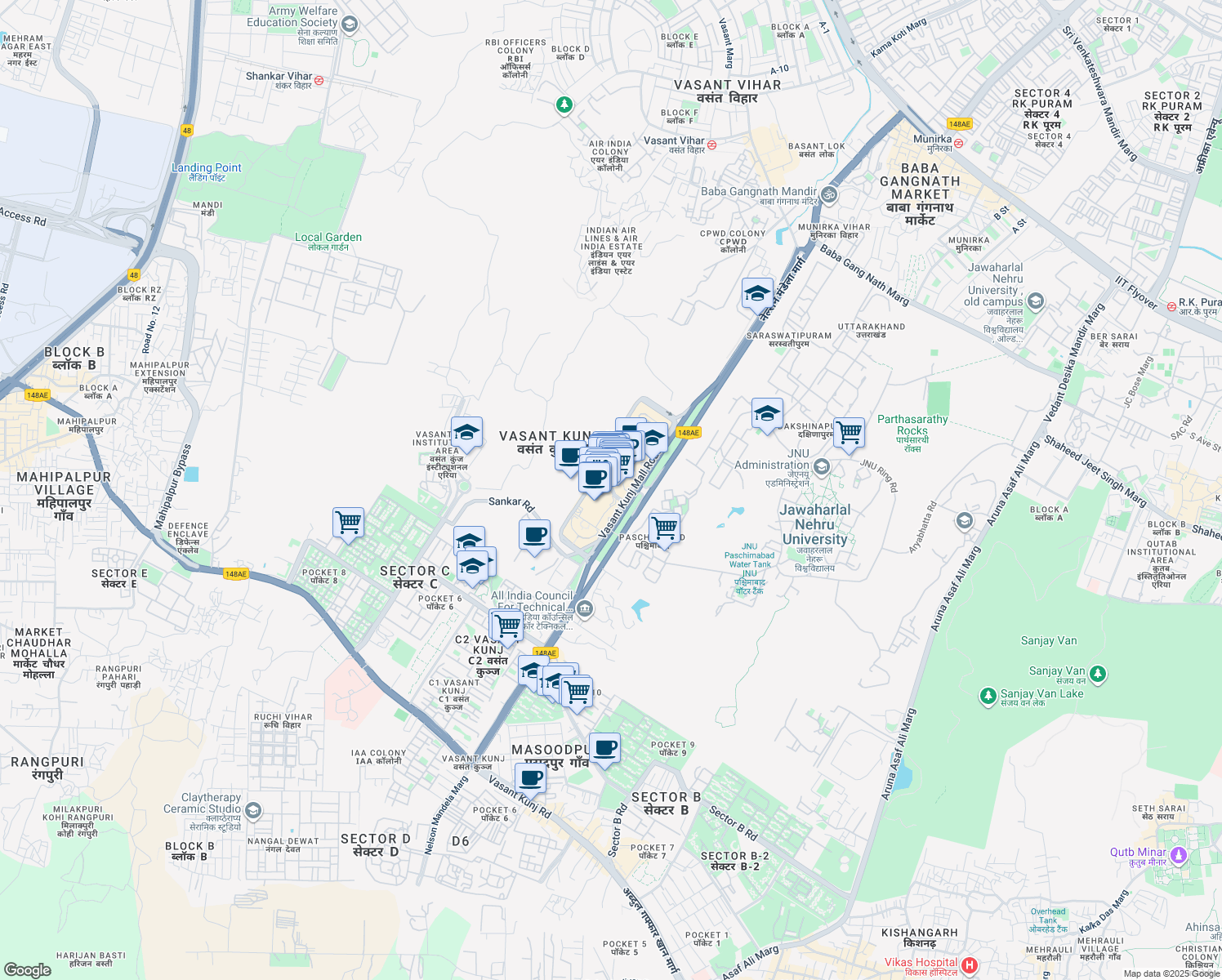 map of restaurants, bars, coffee shops, grocery stores, and more near 3 Nelson Mandela Marg in New Delhi