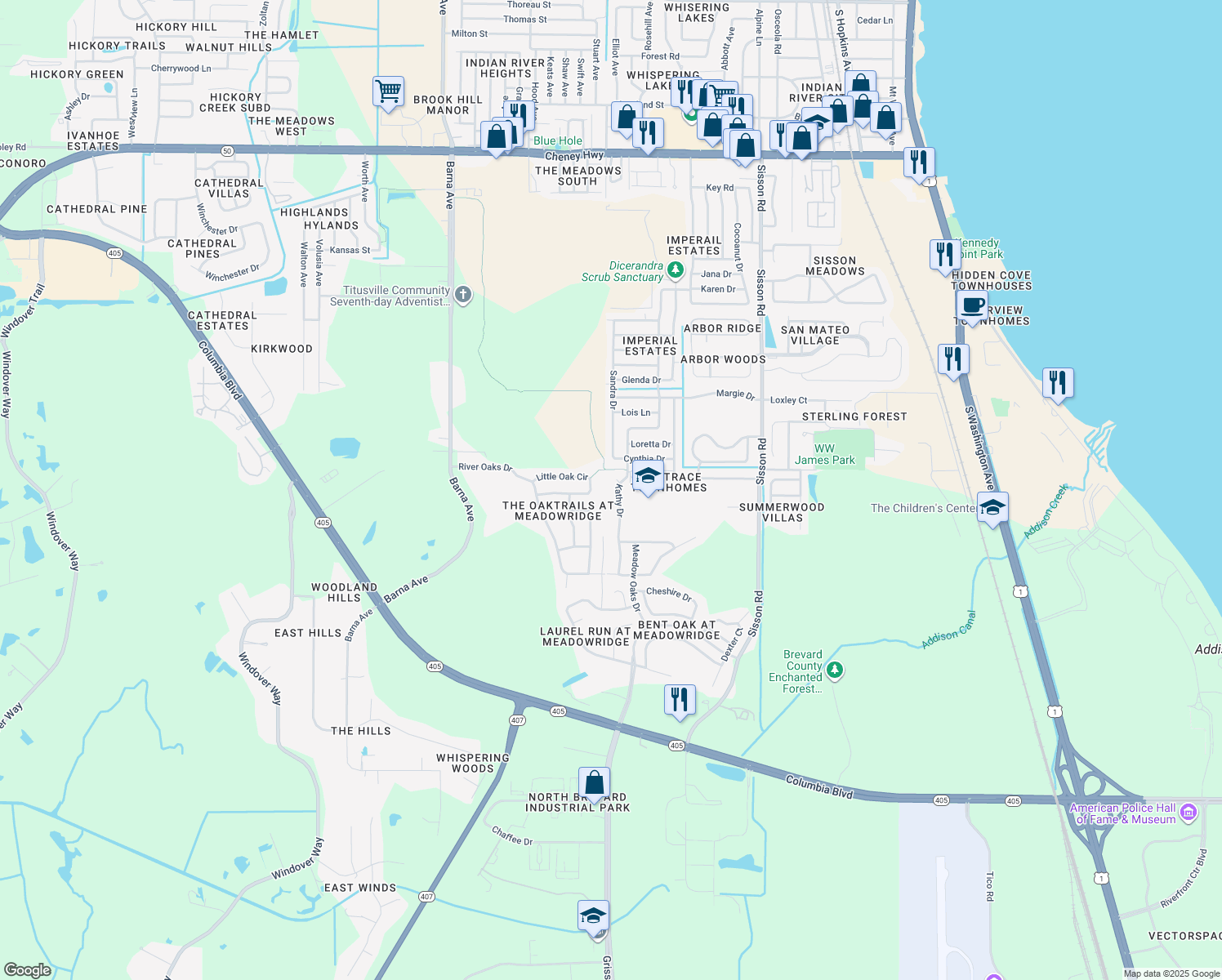 map of restaurants, bars, coffee shops, grocery stores, and more near 5514 Kathy Drive in Titusville