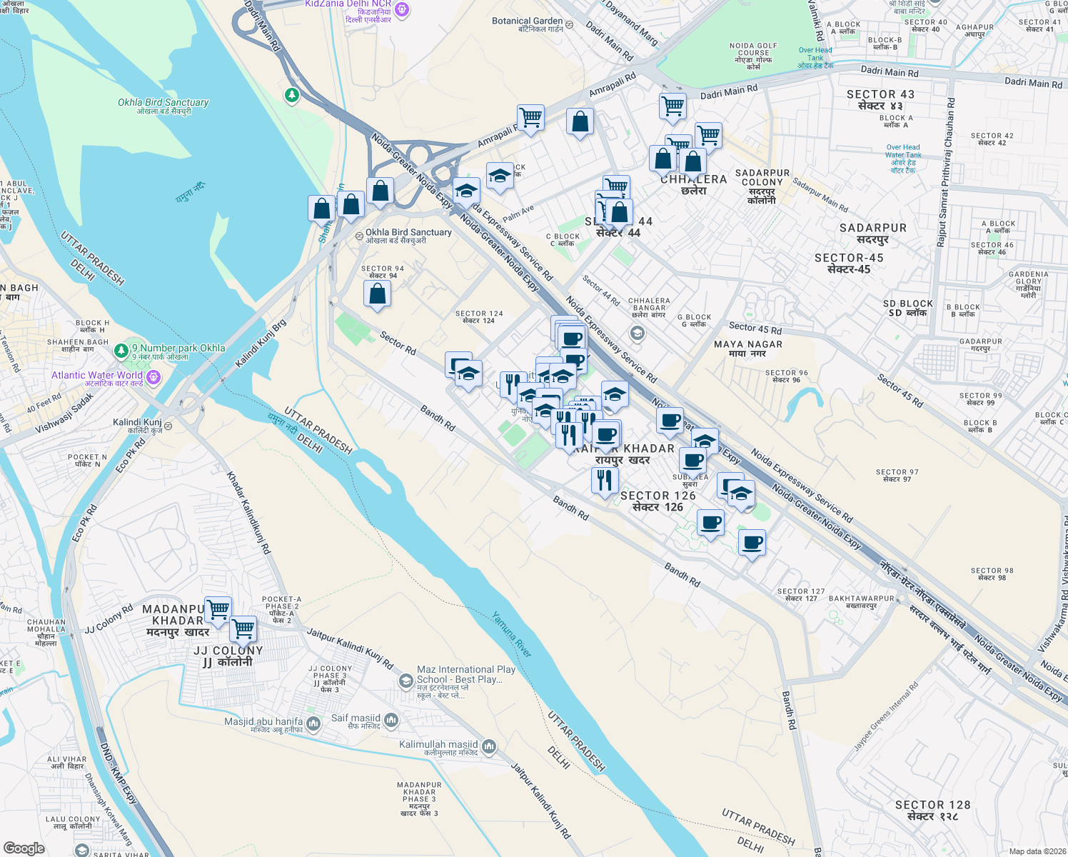 map of restaurants, bars, coffee shops, grocery stores, and more near in Noida